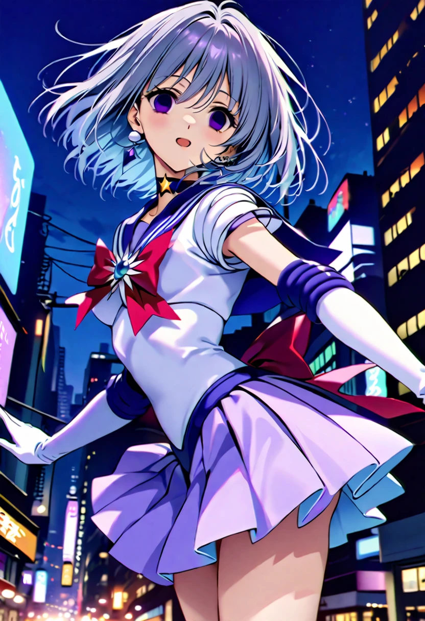 score_9, score_8_up, score_7_up,masterpieceThe best quality,Very aesthetic absurdres,SKIRT, GLOVES, BOW, JEWELRY, PLEATED SKIRT, EARRINGS, CHOKER, ELBOW GLOVES, WHITE GLOVES, SAILOR COLLAR, Star (symbol), MAGICAL GIRL, tiara, BROOCH, PURPLE SKIRT, BACK BOW, SAILOR SENSHI UNIFORM, Star CHOKER, PURPLE SAILOR COLLAR, Star BROOCH, SAILOR SATURN,,Silver Hair,Purple eyes,city,Outdoor,night,Arms stretched out,looking at viewer,(empty eyes,:1.4),