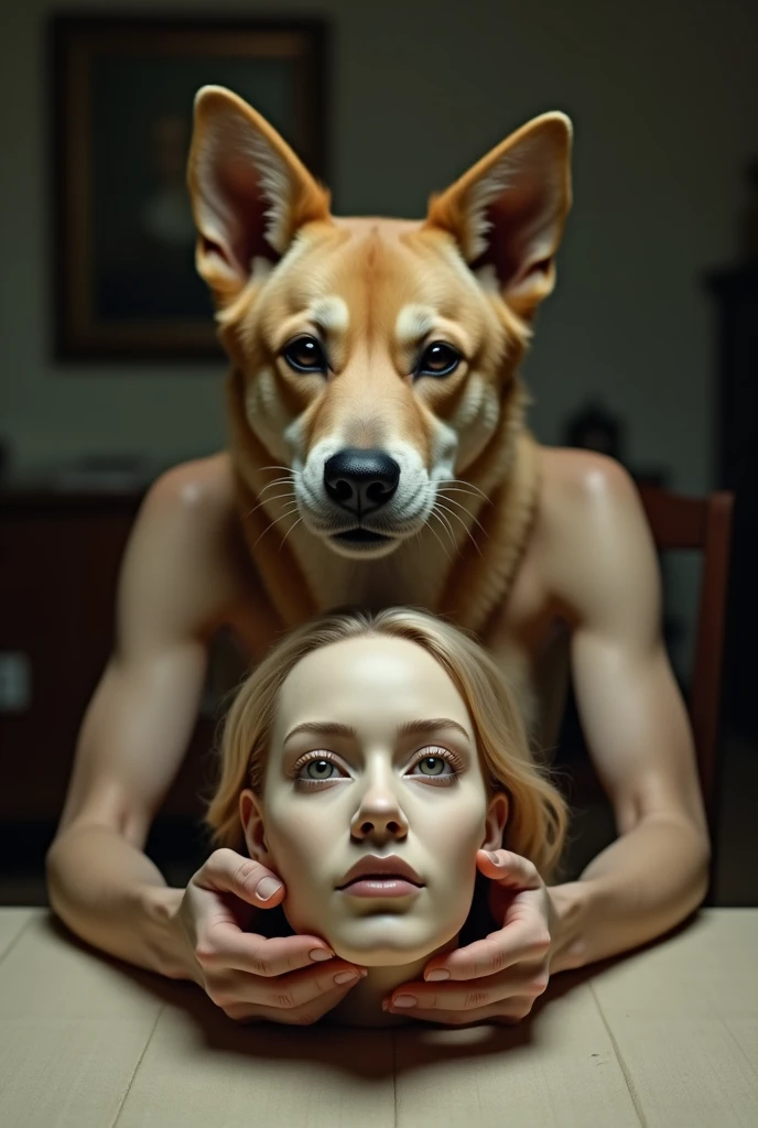 (raw photo, best quality) , (Realistic, photo-realistic: 1.4), extremely formidable overall plan, masterpiece, ultra-detailed, high resolution, best illustration, best shadow, complex, depth of field, Anthropomorphic female dog, she wears a mask of human woman made in beige latex, she removes her mask of human woman in latex by pulling it off her head, revealing her true form of female dog [She removes her mask by pulling it] [movement detailed], she holds her latex human woman mask in her right hand, photorealistic style 8k [Latex Costume] [Latex Human Woman Mask] [Anthropomorphic female dog] [fold details]