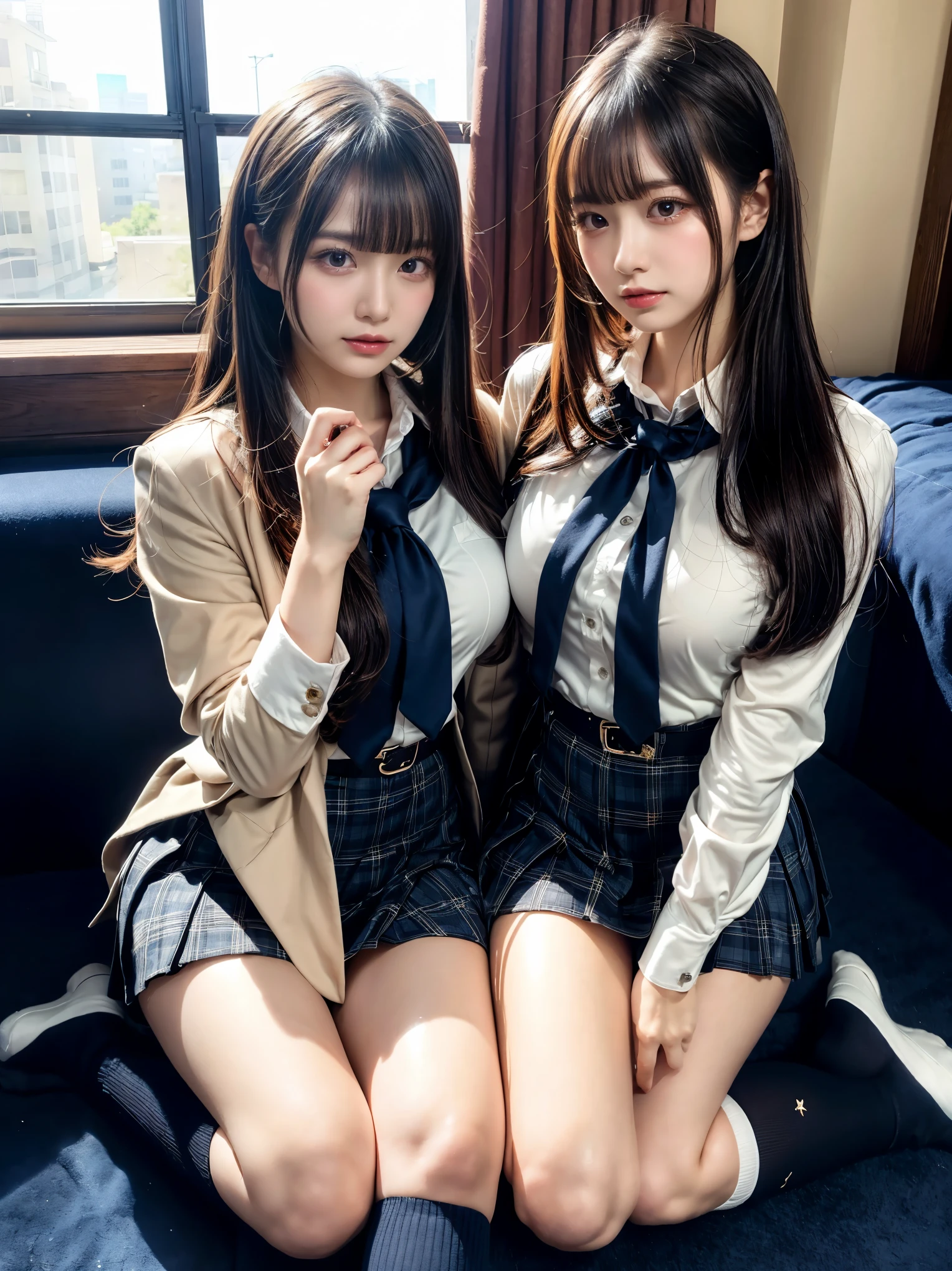 (8K, RAW Photos, Highest quality, masterpiece:1.2), masterpiece, super detailed, super high quality, (Realistic and photorealistic photography:1. 37), High-resolution RAW color photos, Very delicate and beautiful, highly detailed, 8k wallpaper, wonderful, detailed, Very eye, very detailed, very detailed skin, very thin fingers, very detailed nose, very detailed mouth, Perfect Anatomy, BREAK, (2 girls, japanesgirls:1.2), Colossal tits, short bob hair, black hair color, huge breasts, very huge round breasts, Beautiful makeup, glitter makeup, Big Natural Color Lip, perfect body shape, crying a little, beautiful legs, beautiful legs, Voluptuous thighs, BREAK, High school girl uniform, blazer, Super Short Check Uniform Skirt, Navy blue high socks, BREAK, The background is a luxury hotel room