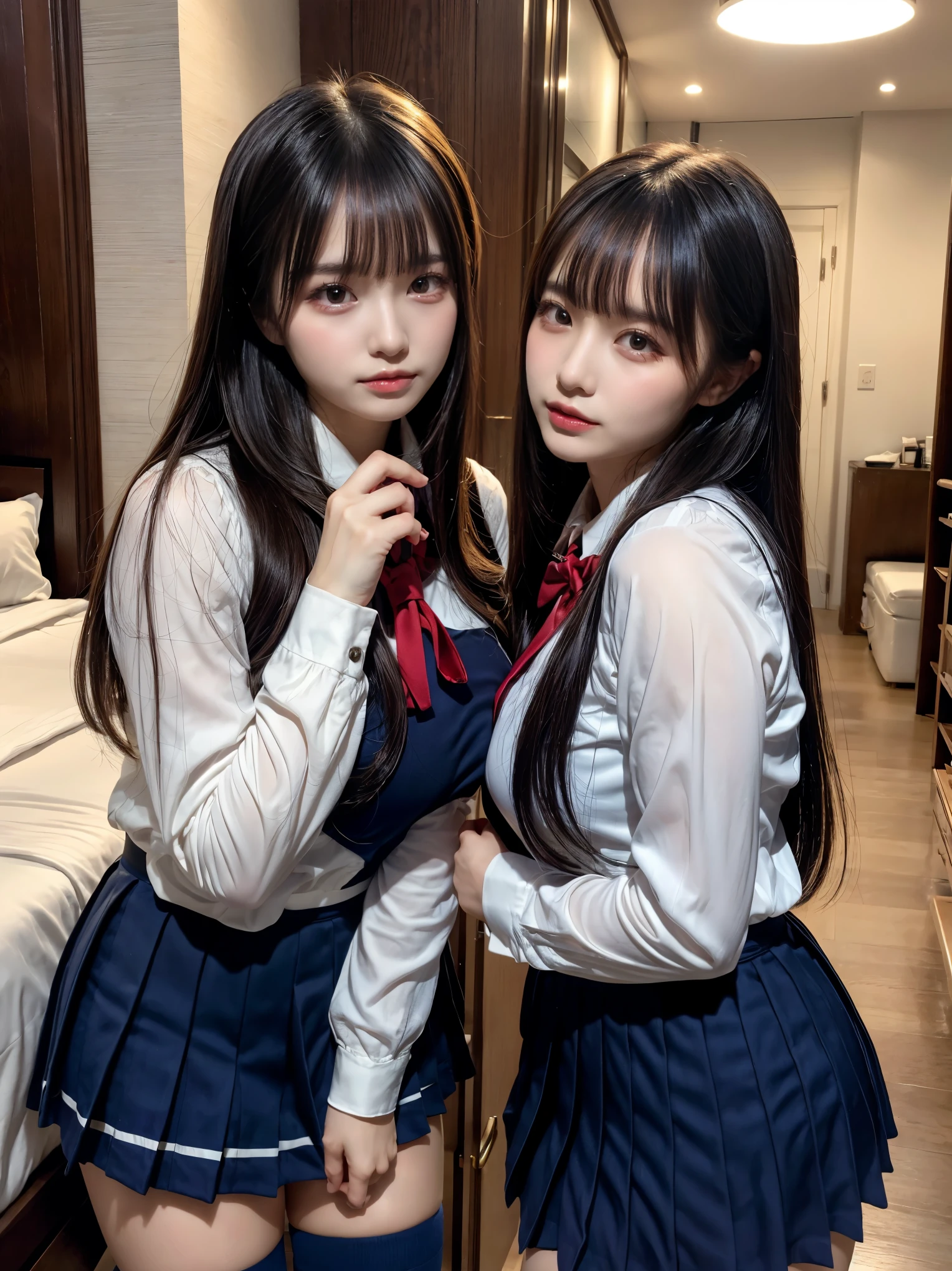 long_hair, multiple_girls, skirt, black_hair, 2girls, school_uniform, cosplay, photo_(medium), toilet, cosplay_photo