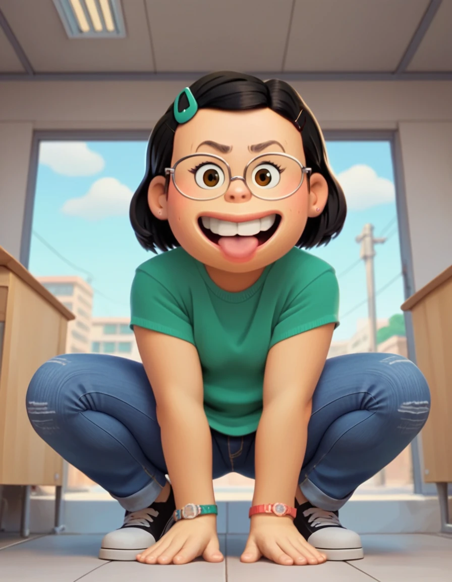 m_l, 1girl, , plump, brown eyes, short hair, black hair, glasses, mint hairpin,   looking at viewer, squatting, front view, spreading legs, jeans, score_9, score_8_up, score_7_up,