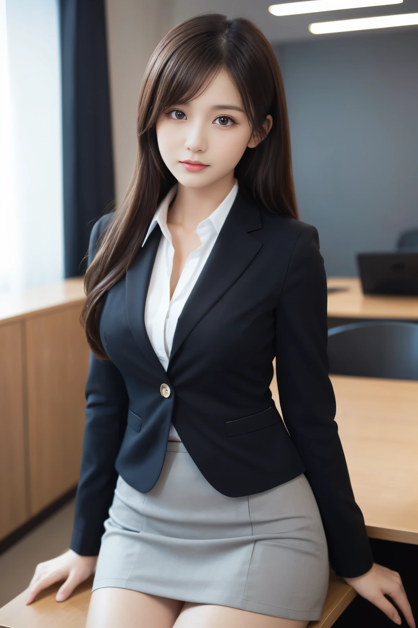 (1womanl), Beautiful, (Best Quality:1.4), (Ultra-detailed), (extremely detailed CG unified 8k wallpaper), Highly detailed, High-definition raw color photos, Professional Photography, Amazing face and eyes, makeup, (amazingly beautiful girl), ((Business Suit)), ((Mini skirt)), (Business shirt with wide open chest:1.3), (Sales Office:1.3), (:1.3), Business Desk, Chair, windows, computers, View from below