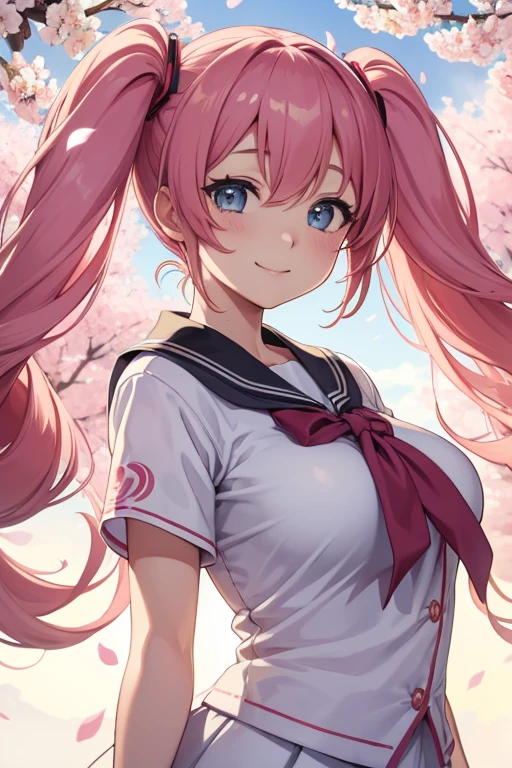 １people、Hatsune Miku、cherry blossoms、cherry blossoms吹雪、Long twin tails、sing、Smiling with teeth showing、piece、ダブルpiece、dance、Hair blowing in the wind、Sparkle Effect、Falling petals、Student Uniform、Sailor suit、uniform、Big Eyes、Detailed eyes、Beautiful eyes、Huge breasts、High image quality、beautiful