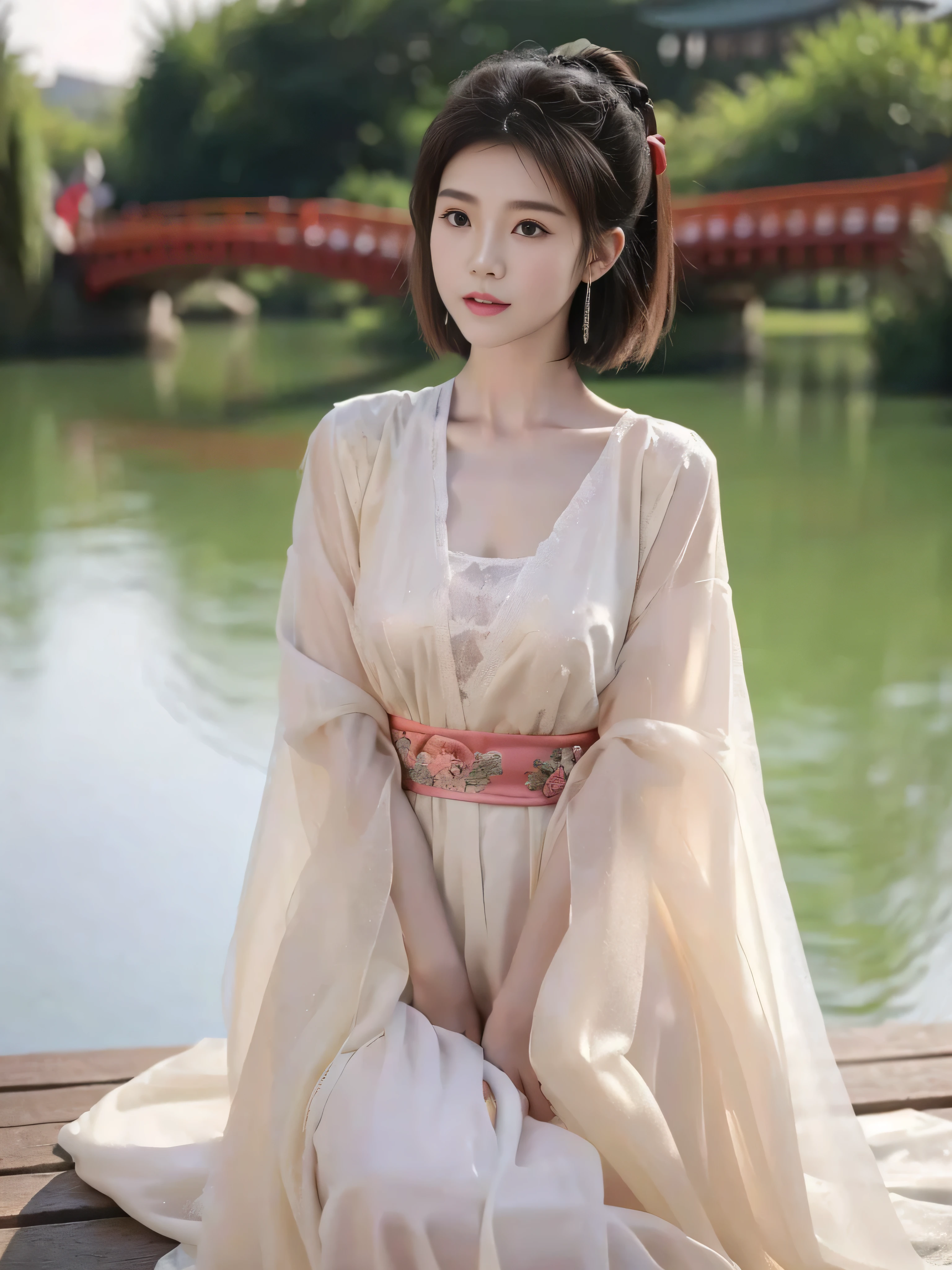 A beautiful Chinese girl，Short to medium length hair，Sitting on the ground，Upper Body，Very full breasts，Full figure，Protruding chest，Very thin waist,