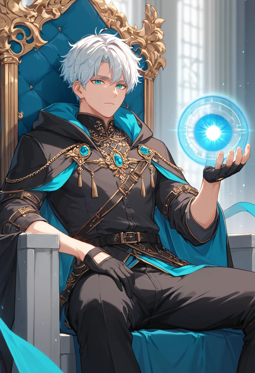 Score_9, Score_8_up, Score_7_up, source_anime, 1mature_male, sitting on a white throne, serene look, White hair, Short hair, turquoise eyes, Imposing posture, long black tunic, black hood on head, Long black gloves, black pants, belts on arms and legs, a blue energy orb in his hand, background room of a white marble palace, large windows with blue and sky blue glass, perfect bodies, Perfect anatomy, perfect arms, Perfect fingers, perfect posture, transparent, shading.