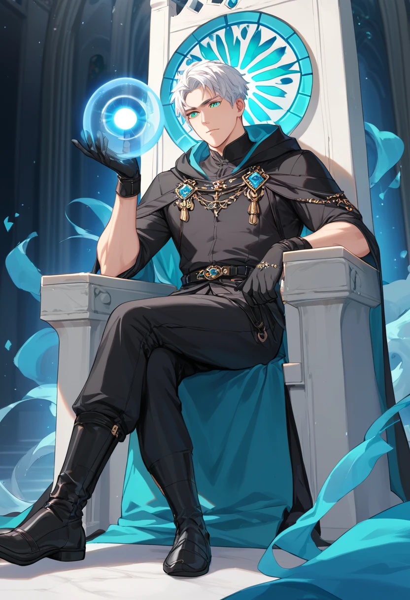 Score_9, Score_8_up, Score_7_up, source_anime, 1mature_male, sitting on a white throne, serene look, White hair, Short hair, turquoise eyes, Imposing posture, long black tunic, black hood on head, Long black gloves, black pants, belts on arms and legs, a blue energy orb in his hand, background room of a white marble palace, large windows with blue and sky blue glass, perfect bodies, Perfect anatomy, perfect arms, Perfect fingers, perfect posture, transparent, shading.