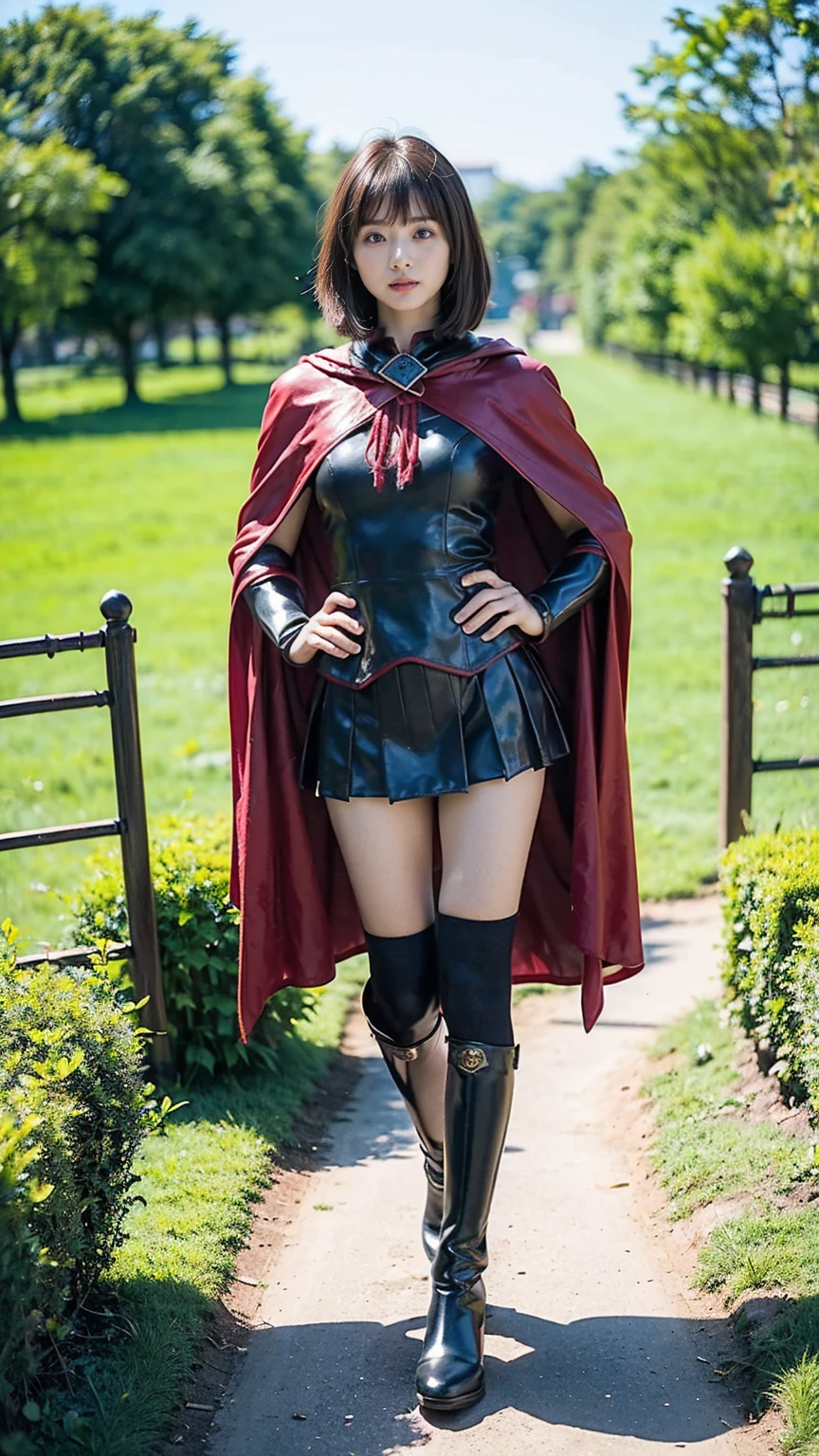 (8k、RAW Photos、highest quality、masterpiece:1.2)、(Realistic、Realistic)、1 girl、((Hero Suit、Cape、mini skirt、Bustier、See-through、Knee-high boots、I can see your feet、smile、Town、Semi-long hair、Standing with hands on hips))、Lots of eyelashes、Glowing eyelids、skeletally correct