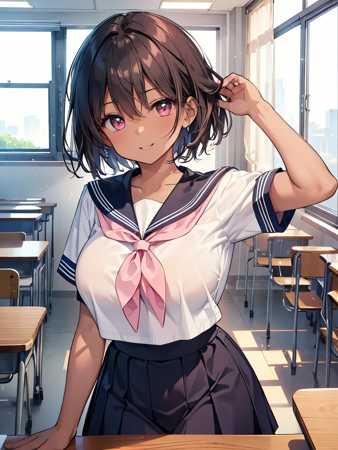 nsfw,alone, (One girl), Elementary school girl,8-year-old, ((Pink Panties)), (wearing only the top half of sailor school uniform),sexy, (Cowboy Shot),  ((arms behind back)), classroom, With a girl：hair is black and short, Her face is round and cute, Black Hair, short hair, (Are standing),(Shy, Embarrassing),from below,from the front,Wet,