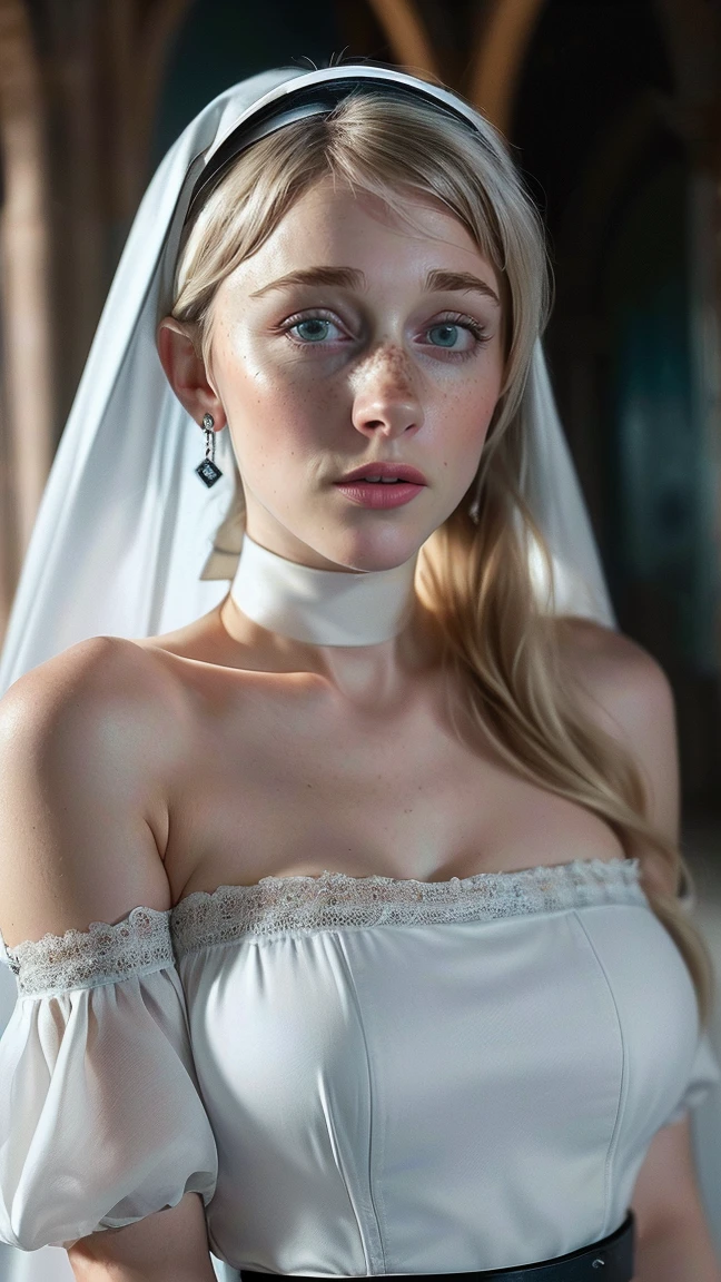8k beautiful Irish ((13 year old)) girl with brown hair, freckles, ((pale skin)), intricate, elegant, highly detailed, majestic, digital photography, athletic, bridal veil, ((naked)), small breasts, (masterpiece, sidelighting, finely detailed beautiful eyes: 1.2), hdr, in the woods
