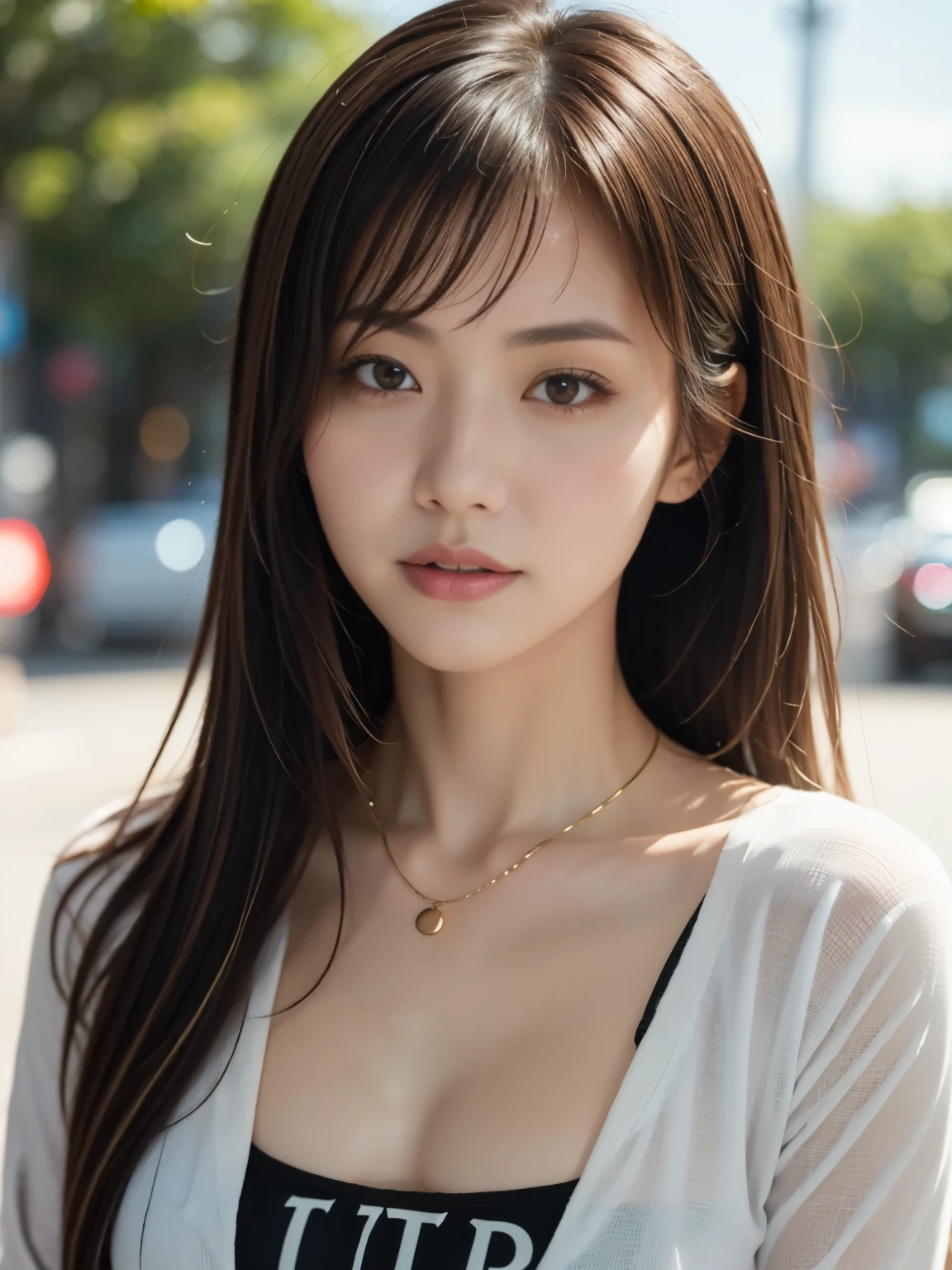 ((Best quality, 8k, Masterpiece :1.3)), ((upper body)); Sharp focus :1.2, A pretty woman with perfect figure :1.4, Slender abs :1.2, (((low cut buttoned up shirt : show cleavage with bra: 0.7))), ((Dark brown hair, Big breasts:1)), City street:1.2, Highly detailed face and skin texture, Detailed eyes, Double eyelid,