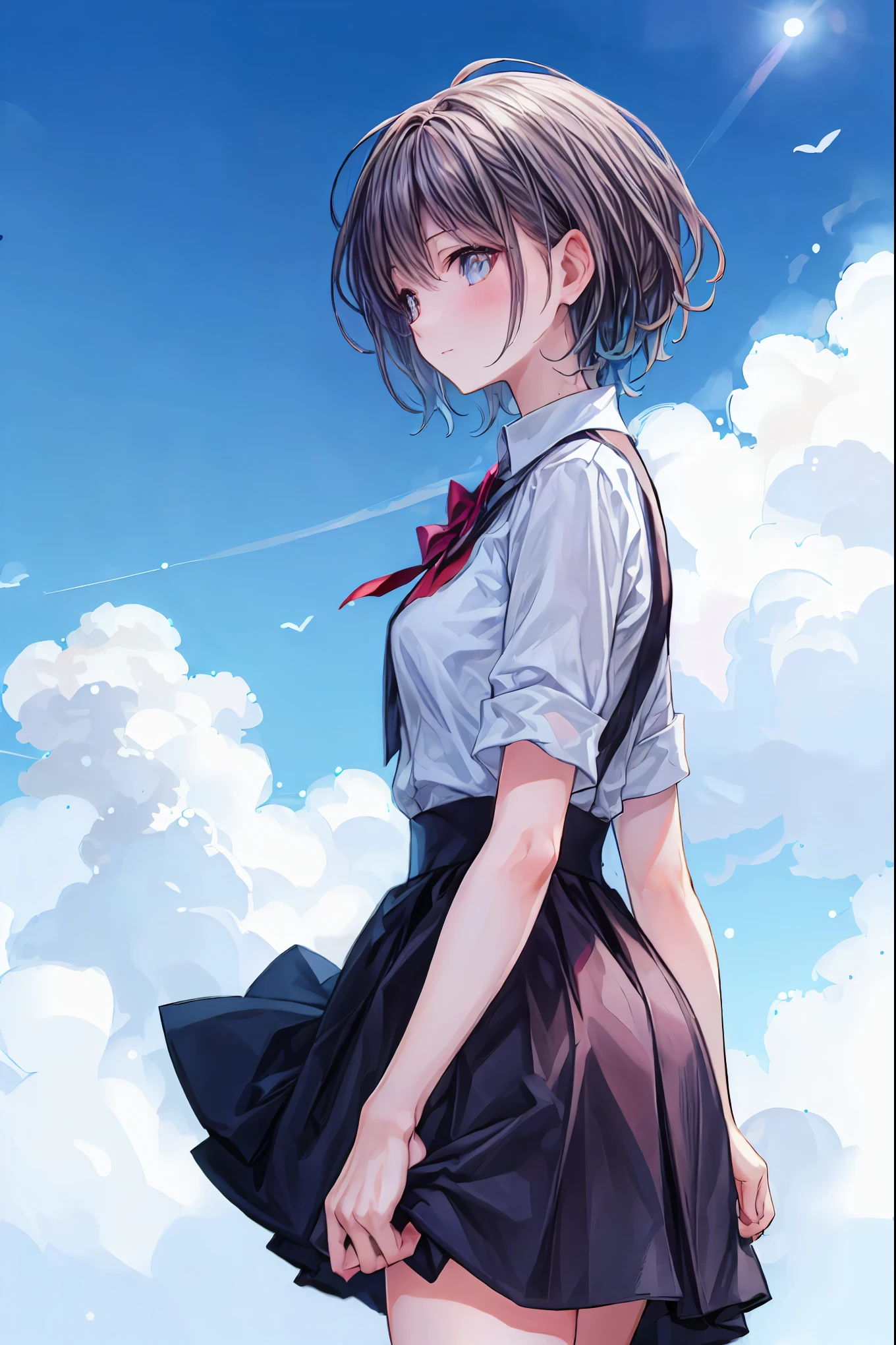 Highest quality, masterpiece, Ultra-high resolution, 8k, Summer sky, early summer, (((Summer clothing)), Show anime style , One, Soft Line Art, Digital Enhancement, shojo anime touch, shojo manga core, Flowing fabric, close, Soft Drawing, Ultra-Definition Digital Anime Art, Clear facial depiction, Super detailed girl cartoon character art, Ultra-detailed manga style, Highest qualityの色,
(Short brown hair)), Wet Hair, Staring at us from the front, Beautiful brown hair, Clear brown eyes, Slightly chubby,Small breasts,The butt is small,(((Teasing Smile)) ,
Landscape with nature, Look up at the sky, Face close-up