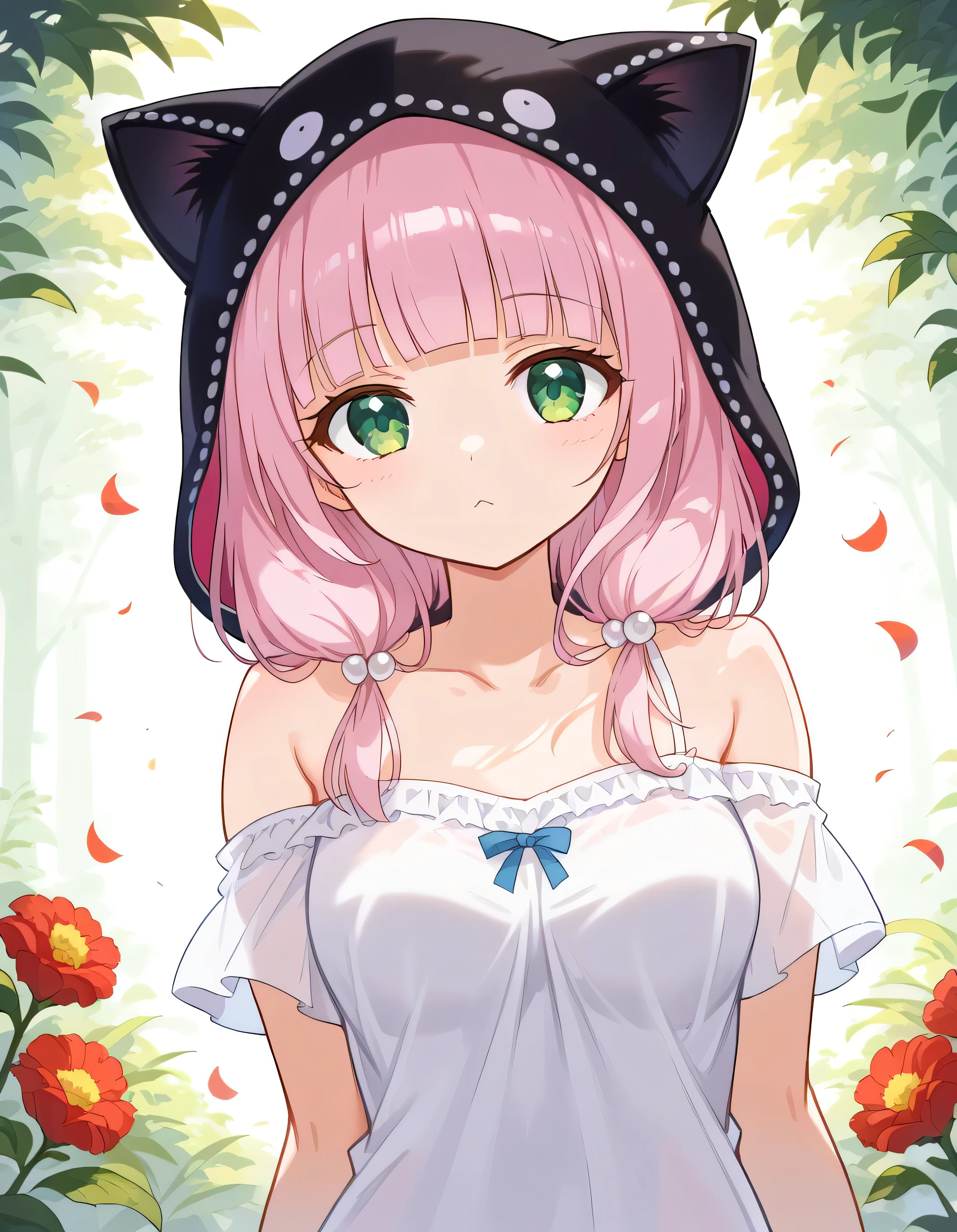 luzao\(EOE\),one girl,solo,(by mitsumi misato:0.6),(by carnelian:0.3),(by kantoku:0.3), best quality, masterpiece, ,,break,1girl, outdoors, wind, (Detailed background), (Detailed Lighting),,break,(clear line illustration:1.2), super detailed skin,very high resolution, very aesthetic, Best sexual lighting powered by famous artist, 8k, 16k, cute picture,beauty illustration,photoshop_(medium),,(Detailed Lighting),best anime 8k konachan wallpaper, pixiv contest winner,(green eyes:1.2),(pearl pink hair|Detailed hair|blunt bangs|shiny hair),(summer shirt with lace,bare shoulders),cat ear hood,unaestheticXL_bp5, (negative_v2 Color_Balance_Calibration:0.8), aidxlv05_neg