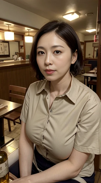 Japanese female 1 person、Mature Woman、4、Large Breasts、Big Ass、Plump、Being drunk、Sex Appeal, sexy,  Beautiful black hair、short hair、light makeup、casual clothes、short sleeve、Pure Japanese humanity、beautiful wife、Upper body、beautiful bust、swelling of the chest、mature woman、Small restaurant、Sit on a chair、Dimly lit interior、Shochu bottles lined up、