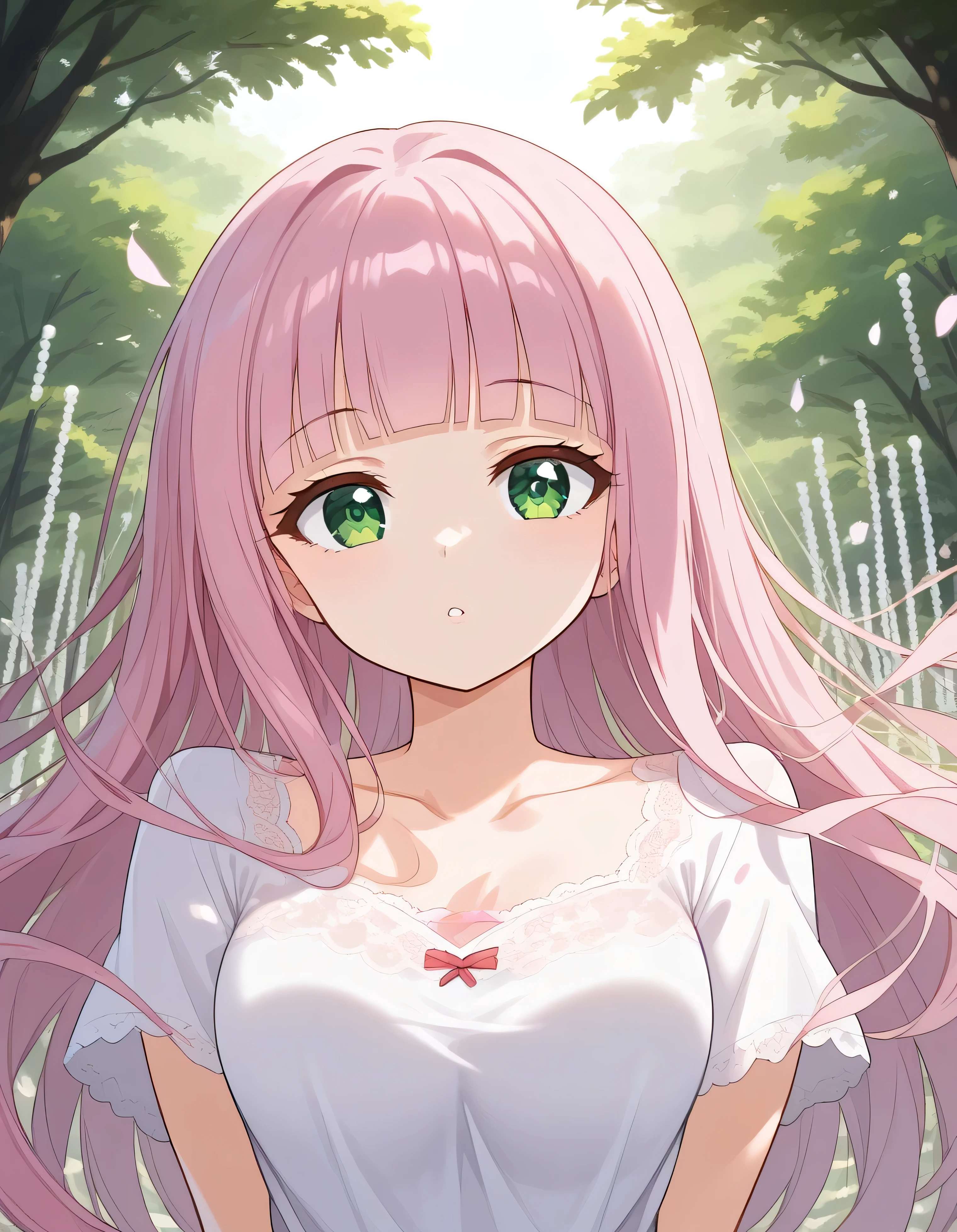luzao\(EOE\),one girl,solo,(by mitsumi misato:0.6),(by carnelian:0.3),(by kantoku:0.3), best quality, masterpiece, ,,break,1girl, outdoors, wind, (Detailed background), (Detailed Lighting),,break,(clear line illustration:1.2), super detailed skin,very high resolution, very aesthetic, Best sexual lighting powered by famous artist, 8k, 16k, cute picture,beauty illustration,photoshop_(medium),,(Detailed Lighting),best anime 8k konachan wallpaper, pixiv contest winner,(green eyes:1.2),eyelash,eyebrow,(pearl pink hair|Detailed hair|blunt bangs|shiny hair),(summer shirt with lace),unaestheticXL_bp5, (negative_v2 Color_Balance_Calibration:0.8), aidxlv05_neg