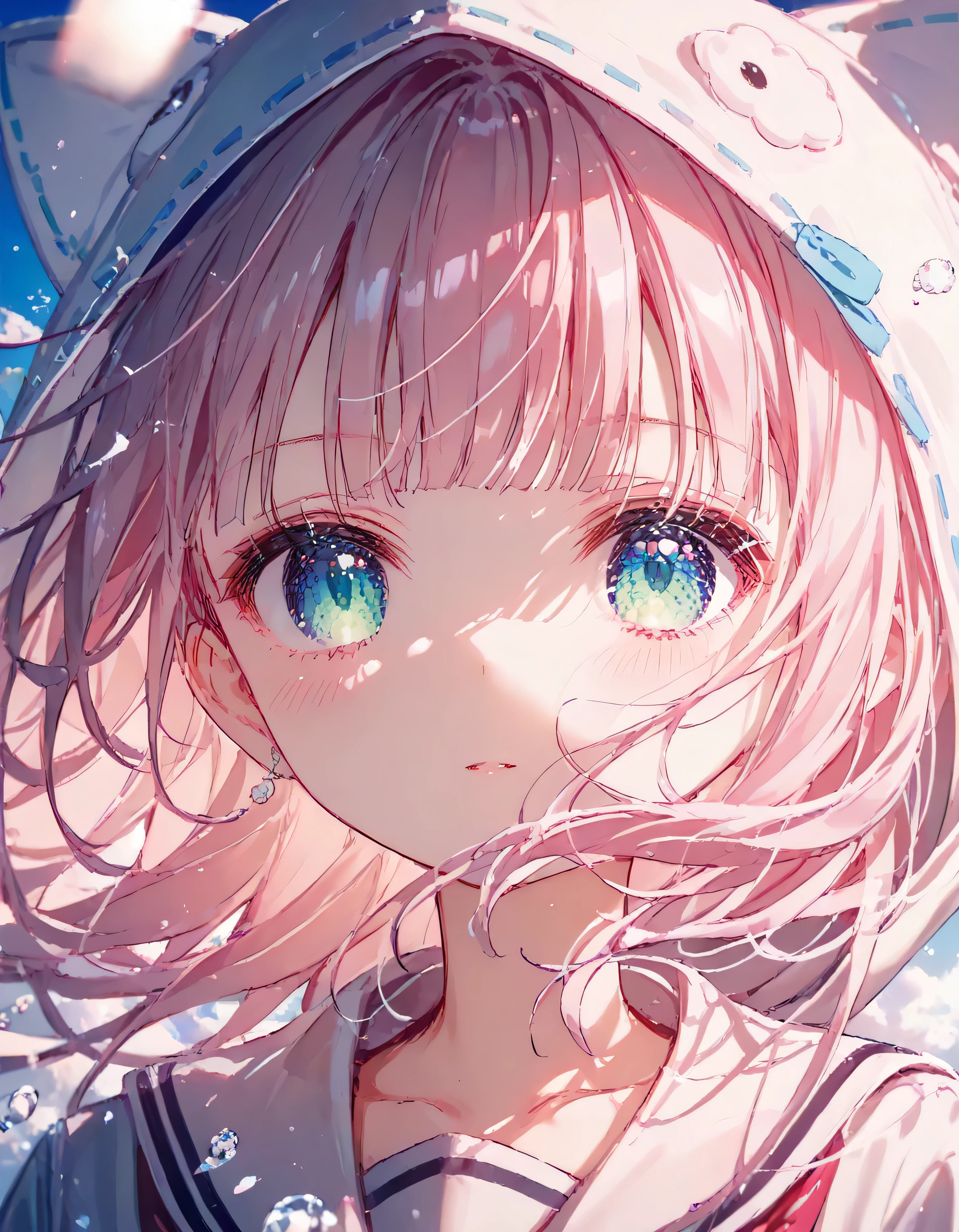luzao\(EOE\),one girl,solo,(by mitsumi misato:0.6),(by carnelian:0.3),(by kantoku:0.3), best quality, masterpiece, ,,break,1girl, outdoors, wind, (Detailed background), (Detailed Lighting),,break,(clear line illustration:1.2), super detailed skin,very high resolution, very aesthetic, Best sexual lighting powered by famous artist, 8k, 16k, cute picture,beauty illustration,photoshop_(medium),,(Detailed Lighting),best anime 8k konachan wallpaper, pixiv contest winner,(green eyes:1.2),(pearl pink hair|Detailed hair|blunt bangs|shiny hair),(school uniform),cat ear hood