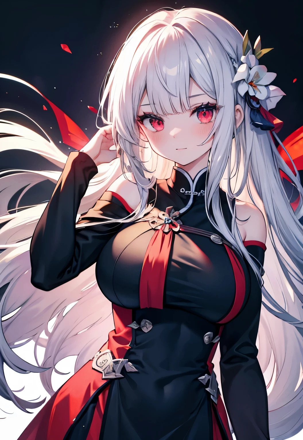 Silver Hair，Red Eyes，Long hair，blush，Durga（destiny）Big breasts，Black dress， Background，Chinese University Student