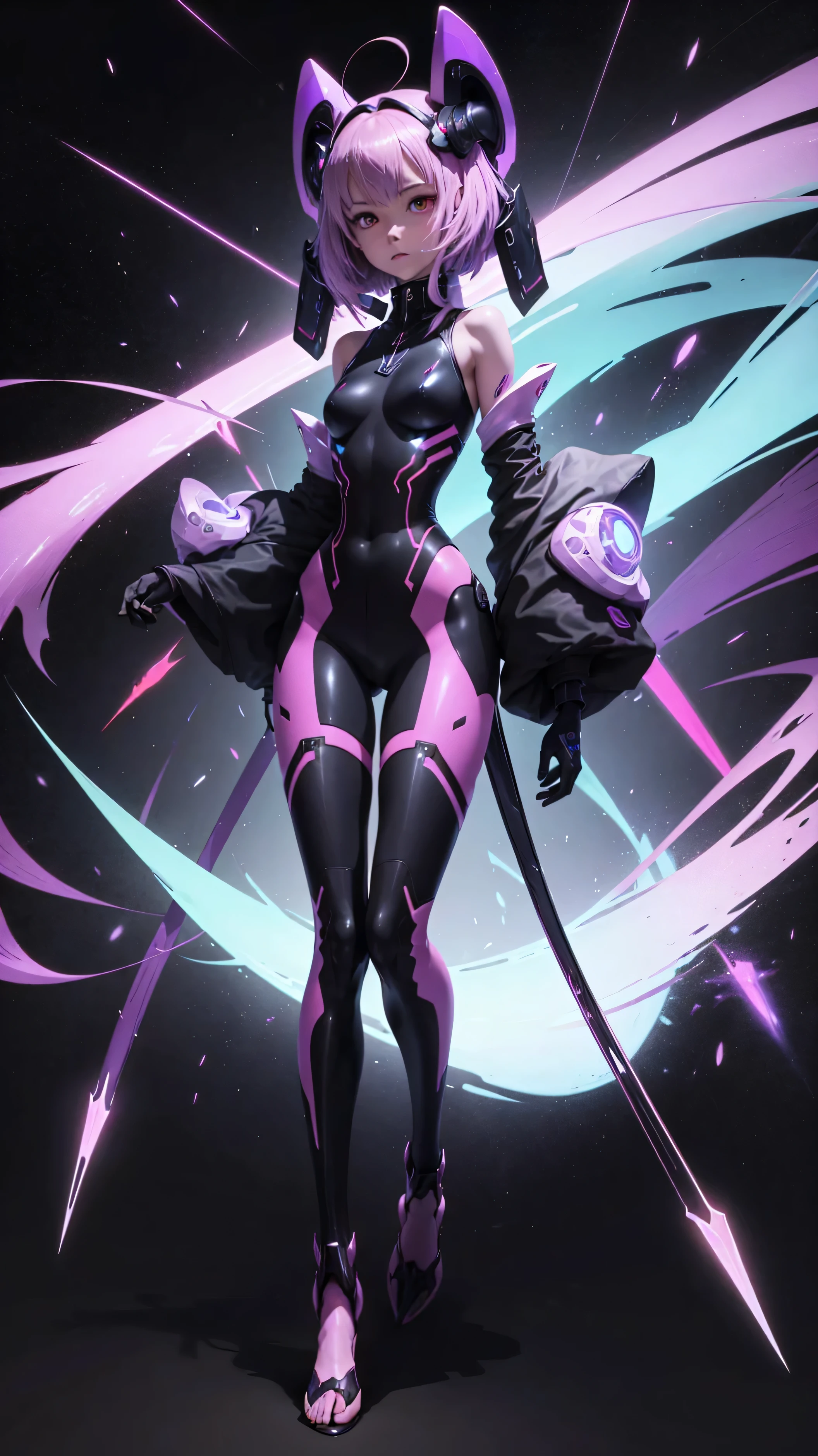 Ultraman Woman, (High quality)(The sheen)Covering her naked face with a black mask, Female Solo, Alien eyes shine。The whole body is covered with a black bodysuit, One female protagonist, Pink lines all over the body, Dark background,
