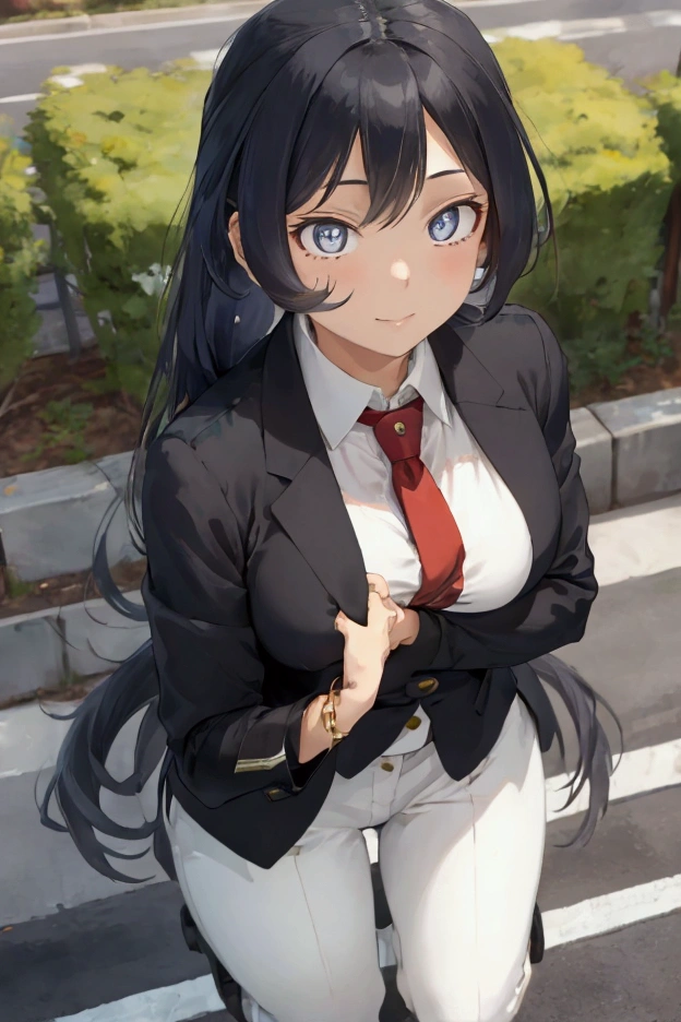 1girl,Nejire Hado, , standing outdoors on a sunny day, wearing a striking business suit with a twist


Her long, wavy blue hair is styled in a neat braid that falls over one shoulder, adorned with a few loose strands framing her face


She stands tall at 164cm, her slender yet athletic physique evident beneath the form-fitting suit. The white dress shirt is unbuttoned slightly at the collar, revealing a hint of her toned neck


A black jacket is draped over her shoulders, not fully zipped, giving a glimpse of her crisp white blouse underneath. The suit pants hug her legs perfectly, leading down to black leather boots


Her dark eyes, usually sparkling with curiosity, look up at the viewer with a soft, subtle smile playing on her lips. Her fingers gently rest on her chin, as if lost in thought


Medium-sized breasts are accentuated by the structured bra she wears underneath the suit, the straps visible at the neckline. Her fingernails are neatly manicured, adding to her professional demeanor as an "office lady"


In a surprising touch, she wears a black necktie, knotted perfectly beneath her chin, giving her a sense of authority and mystery. The outdoor setting provides a stark contrast to her formal attire, as if she stepped out of the office for a moment


The focus is solely on Nejire, captured in a peaceful, contemplative moment, her vibrant appearance standing out against the backdrop of nature. The details of her suit, hairstyle, and accessories scream sophistication, while her relaxed posture and tie hint at a more unexpected side to this young hero.