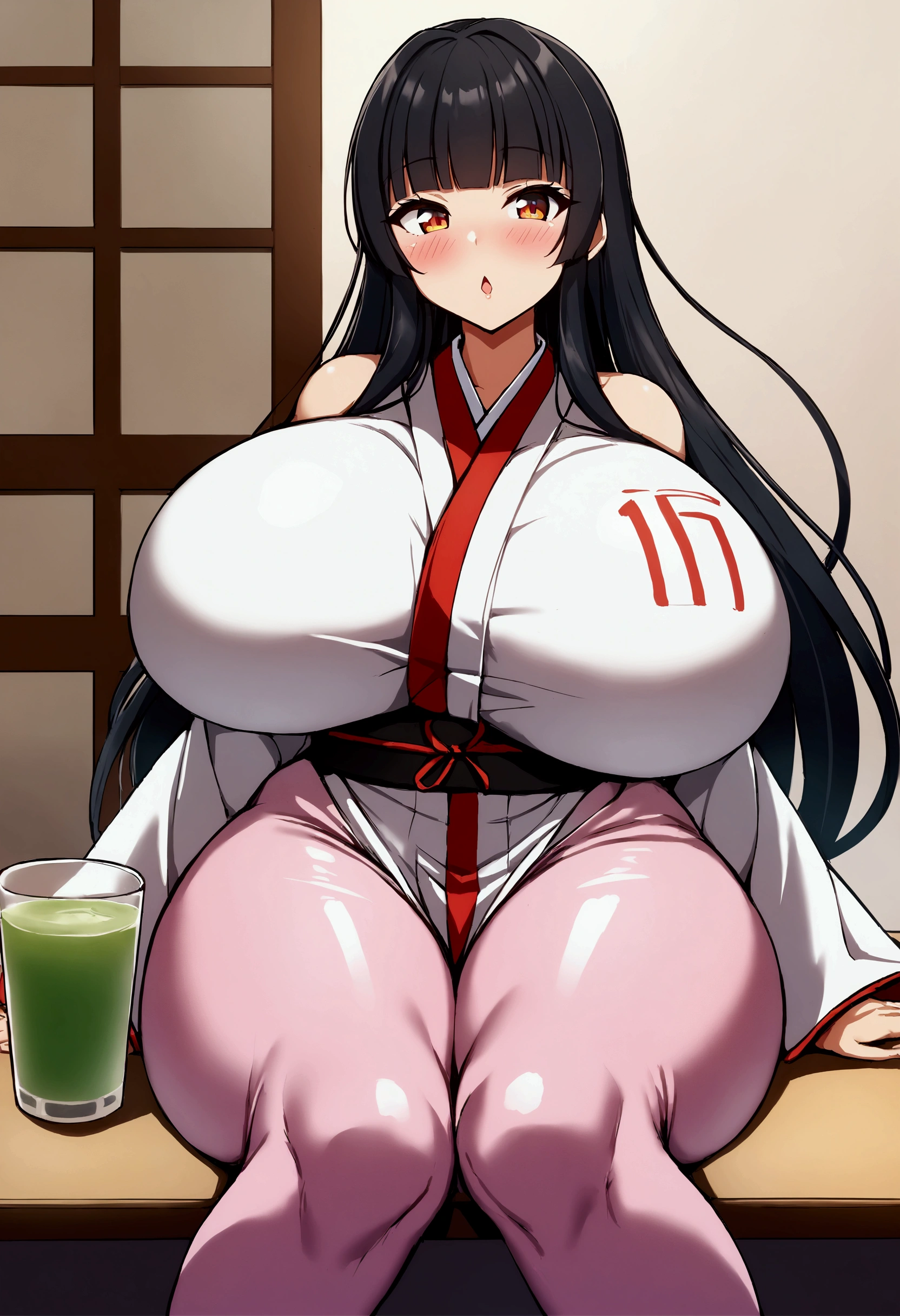 sexy woman, mature milf, huge breasts, large breasts, curvy, voluptuous, completely nude, nude, pussy, nipples, black hair, brown eyes, low hairbun, red lips, sweating, shiny skin, smile, standing, solo focus, japanese house, indoors, tatami, japanese table, art by joy ride