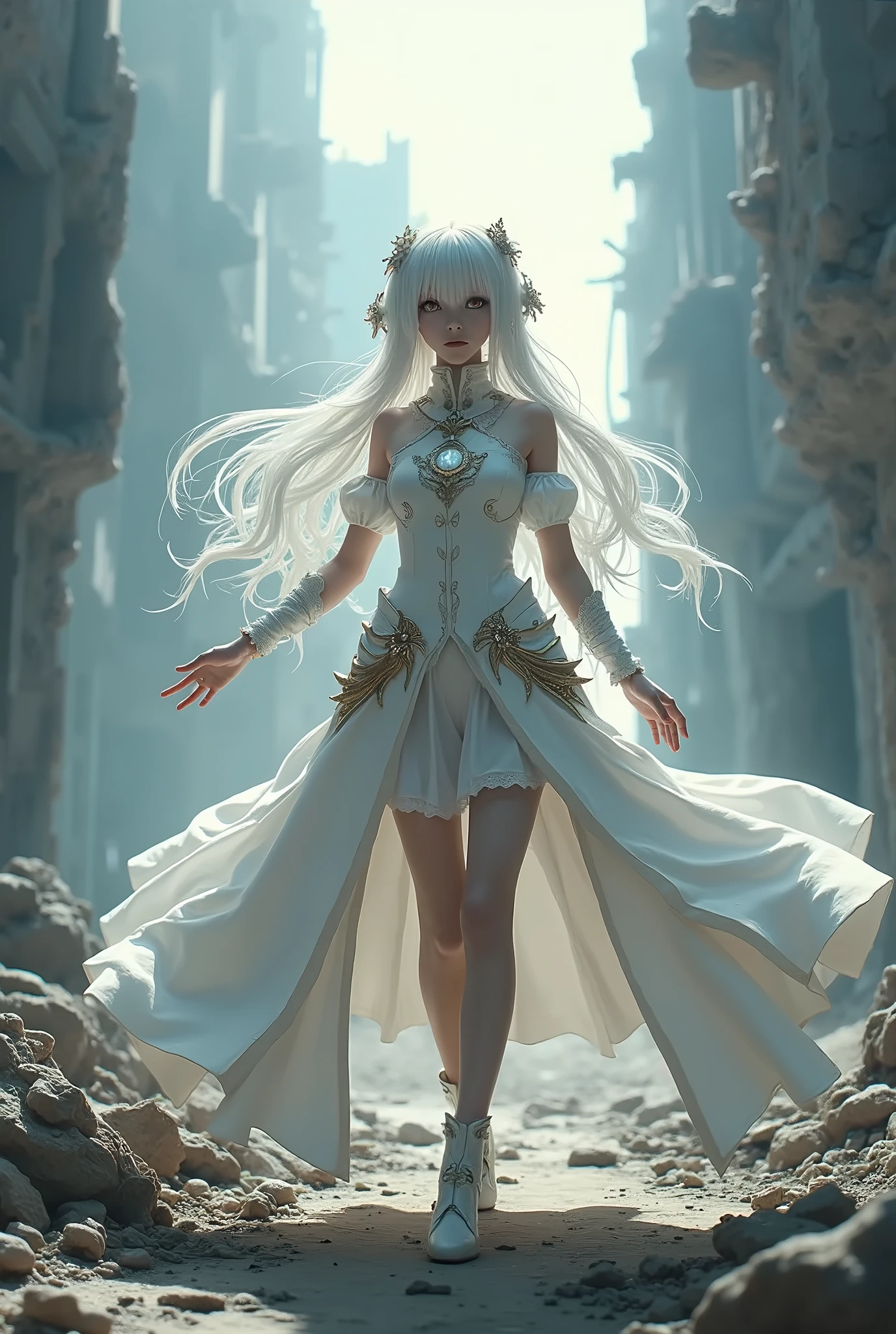 FS, an albino girl with perfect 10 features and long black Rapunzel-like hair, stands in a picturesque Avatar-like scene. Her body is graceful with a petite bust and slender legs. The girl looks stunning in a sheer organza dress with intricate designs. Her high-heeled shoes are elegant with golden patterns. The sunlight creates a subtle silhouette around her contours from the back, while soft and filling light illuminates her from the front. This scene has photorealistic qualities and is a concept art that creates a wow effect of:2. It can be found on the website 500px with hyper-superior details of:2. --auto --s2