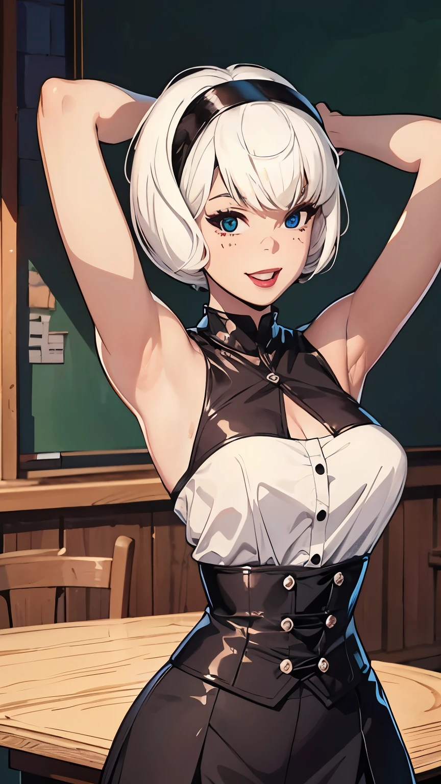 { masterpiece : best quality : high resolution : unity 8k wallpaper : illustration : beautiful detailed eyes : extremely detailed face : perfect lighting : extremely detailed CG : perfect hands : perfect anatomy } {retro_anime_filter} { Classroom }  { 1girl : Sabtuna_Spellman : cute_face :  ( white hair, short hair, hairband) :   : Perfectly_shaped_breast : Perfectly_fit_body   : seductive_smile : button_whiye_shirt : sleeveless :  black_skirt} { standing : arms_behind_head: armpits : seductive_pose }