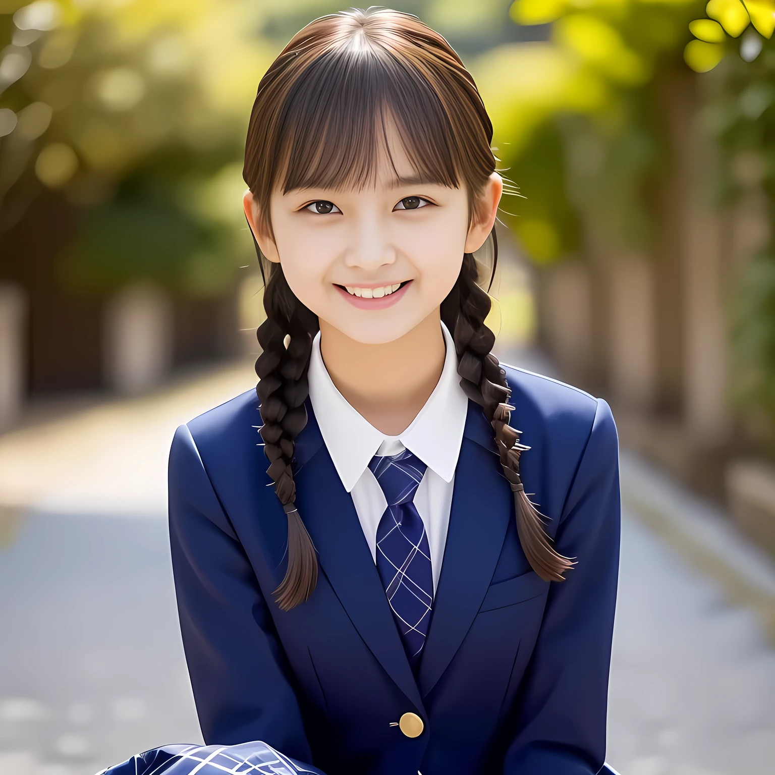 (Highest quality, masterpiece:1.2), Highest quality, High resolution, 1080P, 8k, height: 158cm, Solo, (Alone, A noble, graceful and intelligent kawaii **** Japanese pure-clear-white-skin a-pair-of-braid famous fashion model is seated and smiling at me with extreme beatitude, expressing her happiness to me with her kawaii supreme, promoting school uniform designed by Hanae Mori: 1.5), (background is complete black: 1.0), (Amazed, double-eyelids, completely balanced, brown wet large dreaming eyes with detailed beautifully: 1.6), (Drives me crazy for her navy-colored neat tartan checkered blue skirts and make me fall into her navy-colored tartan checkered skirt: 1.2), (Fine white skin that looks like she has never been out of home: 1.6), (Navy colored school uniform blazer: 1.6), (Navy blue pleated school uniform tartan checkered skirt: 1.5), (Plain-red school ribbon on the breast), (Light-Sky-blue background), (Girl whom everyone loves because of her beauty and neat school fashion and noble manner and magic-charm of succubus: 1.7), full body shot, (jolly face expression), (evenly cut curled bangs)