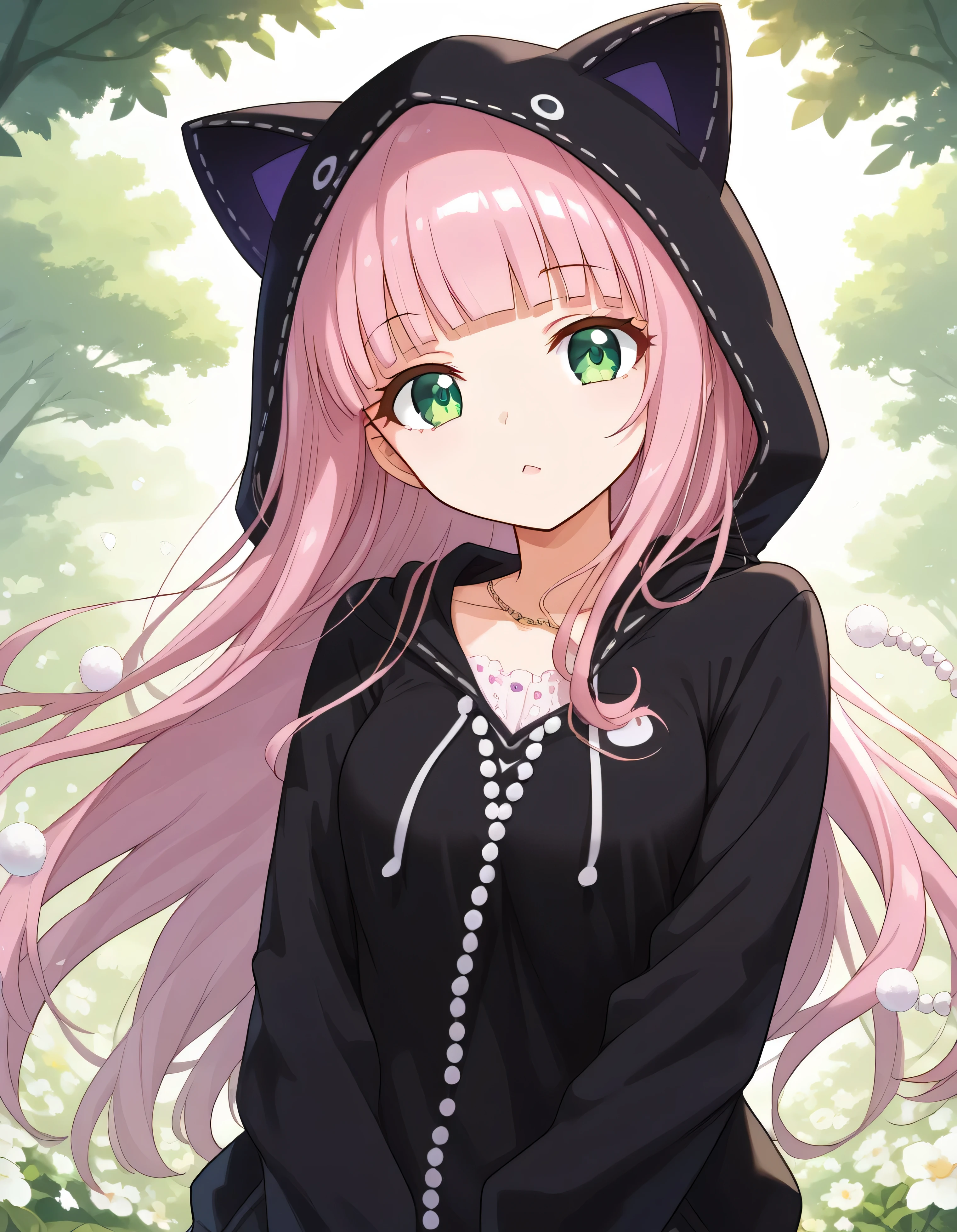 luzao\(EOE\),one girl,solo,(by mitsumi misato:0.6),(by carnelian:0.3),(by kantoku:0.3), best quality, masterpiece, ,,break,1girl, outdoors, wind, (Detailed background), (Detailed Lighting),,break,(clear line illustration:1.2), super detailed skin,very high resolution, very aesthetic, Best sexual lighting powered by famous artist, 8k, 16k, cute picture,beauty illustration,photoshop_(medium),,(Detailed Lighting),best anime 8k konachan wallpaper, pixiv contest winner,(green eyes:1.2),eyelash,eyebrow,(pearl pink hair|Detailed hair|blunt bangs|shiny hair),(summer shirt with lace),(black cat hood),hoodie,unaestheticXL_bp5, (negative_v2 Color_Balance_Calibration:0.8), aidxlv05_neg