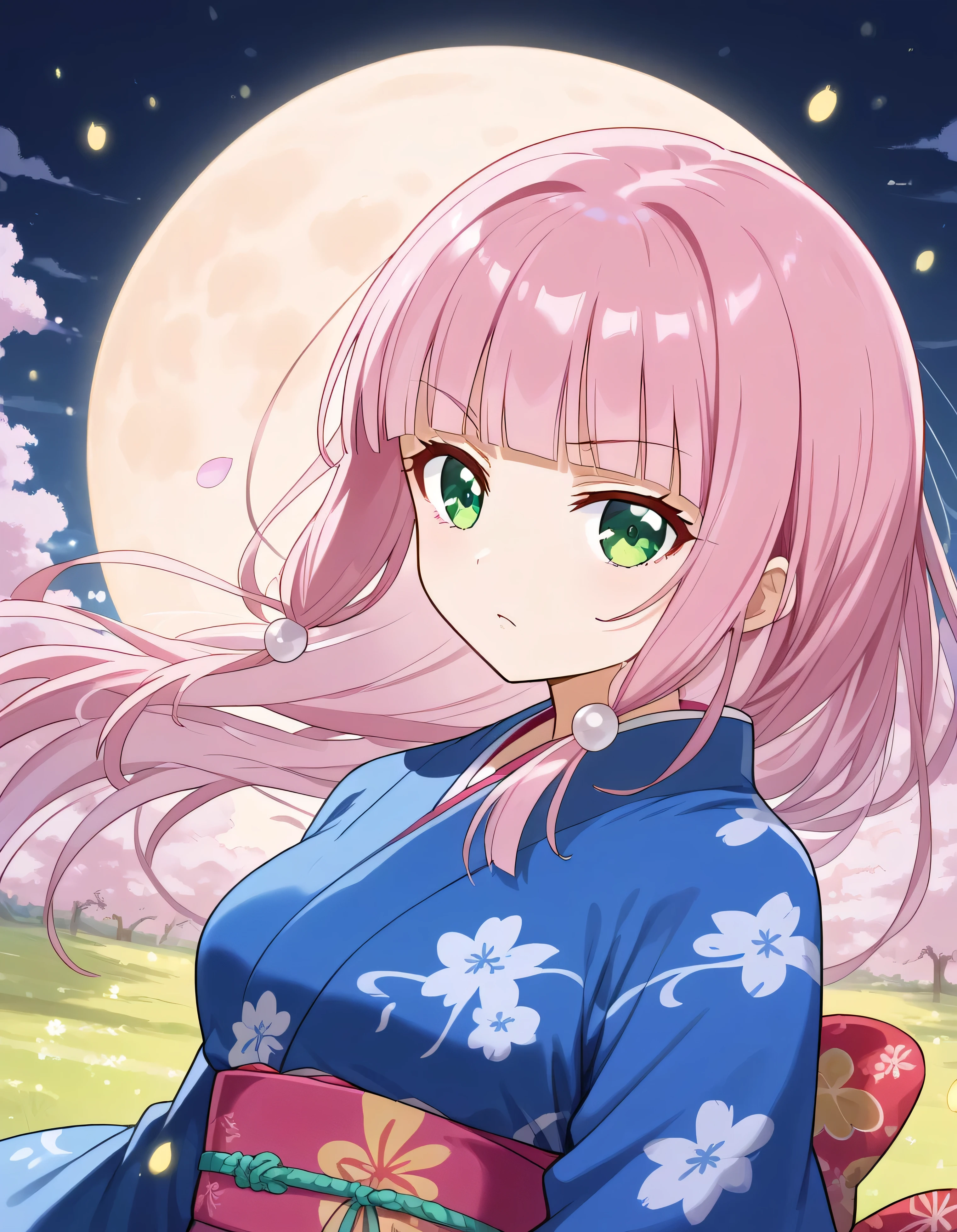 luzao\(EOE\),one girl,solo,(by mitsumi misato:0.6),best quality, masterpiece, ,,break,1girl, outdoors,(Detailed background), (Detailed Lighting),,break, super detailed skin,very high resolution, very aesthetic, Best sexual lighting powered by famous artist, 8k, 16k,,beauty illustration,photoshop_(small),,(Detailed Lighting),best anime 8k konachan wallpaper, pixiv contest winner,(green eyes:1.2),pink eyelash,eyebrow,(pearl pink hair|Detailed hair|blunt bangs|shiny hair),(kimono),firefly,moon glare,unaestheticXL_bp5, (negative_v2 Color_Balance_Calibration:0.8), aidxlv05_neg