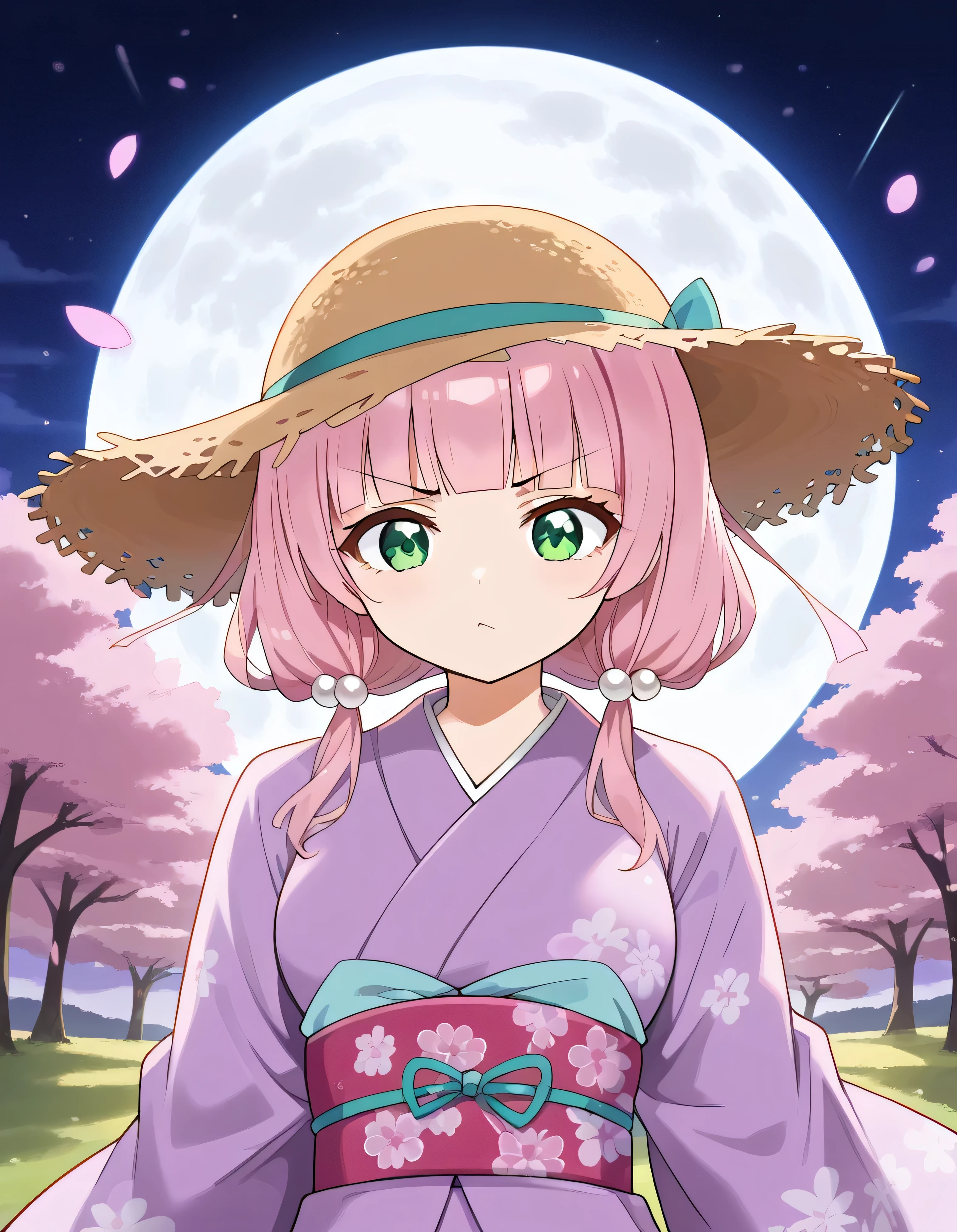 luzao\(EOE\),one girl,solo,(by mitsumi misato:0.6),best quality, masterpiece, ,,break,1girl, outdoors,(Detailed background), (Detailed Lighting),,break, super detailed skin,very high resolution, very aesthetic, Best sexual lighting powered by famous artist, 8k, 16k,,beauty illustration,photoshop_(small),,(Detailed Lighting),best anime 8k konachan wallpaper, pixiv contest winner,(green eyes:1.2),pink eyelash,kawaii,(pearl pink hair|Detailed hair|blunt bangs|shiny hair),(kimono,large straw hat),firefly,moon glare,unaestheticXL_bp5, (negative_v2 Color_Balance_Calibration:0.8), aidxlv05_neg