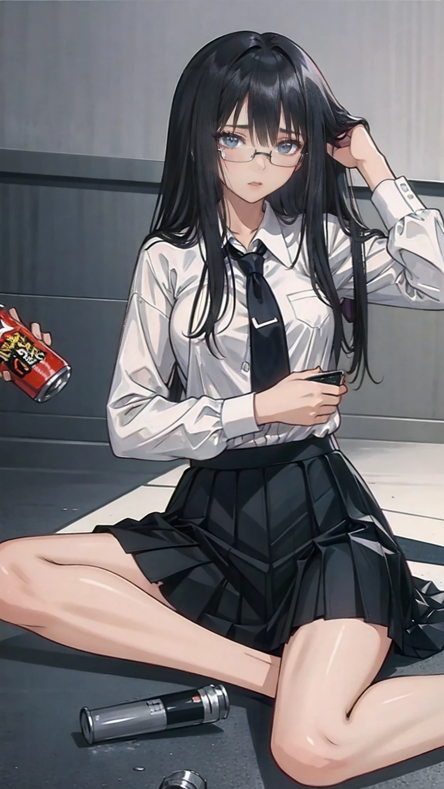 a anime girl in black and white  laying on the floor next to energy drink cans , One girl, can, Glasses, Alone, white shirt, shirt, On the floor, Black Hair, , Long sleeve, Long Hair, Flooring, beer can, skirt, collared shirt, bangs, black skirt, Mouth closed, tie, Lie