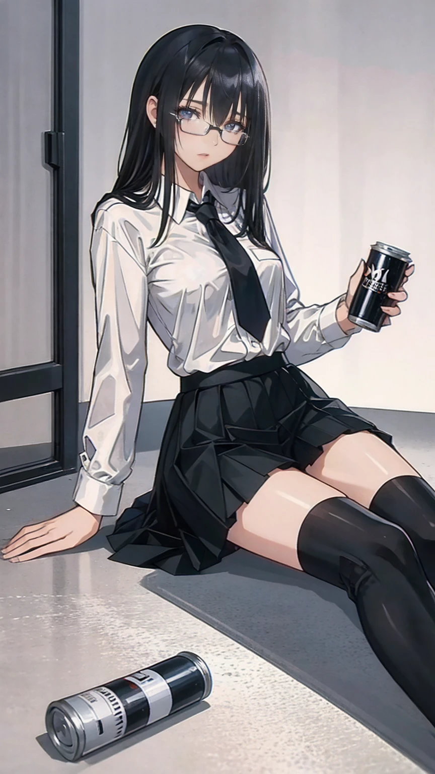 a anime girl in black and white  laying on the floor next to energy drink cans , One girl, can, Glasses, Alone, white shirt, shirt, On the floor, Black Hair, , Long sleeve, Long Hair, Flooring, beer can, skirt, collared shirt, bangs, black skirt, Mouth closed, tie, Lie