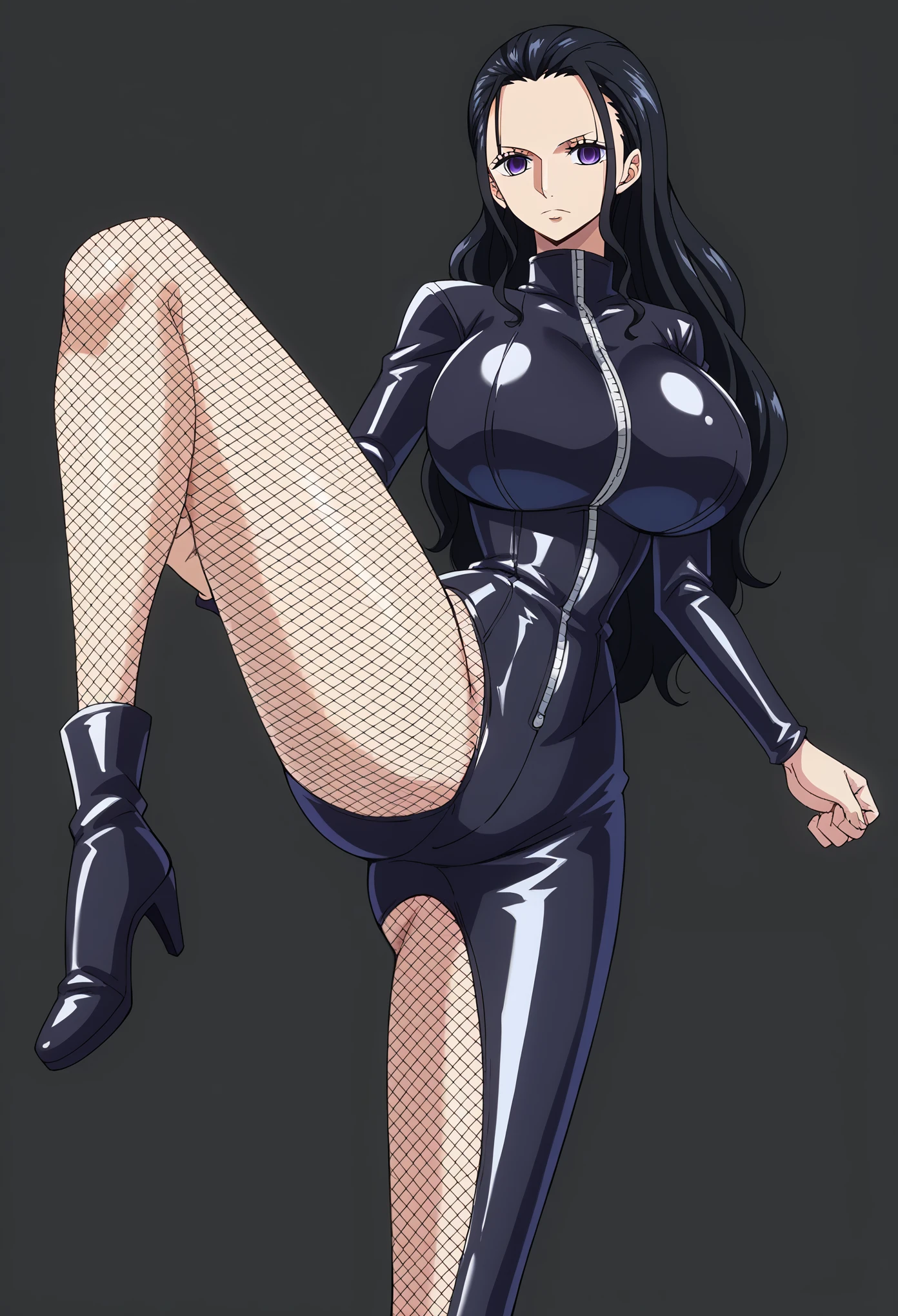 score_9, score_8_up, score_7_up,BREAK source_anime, Nico Robin, black hair, long hair,, purple eyes,(glowing eyes 1.5), Huge breasts, (evil depravity), ((empty eyes)),Expressionless,(kicking, kicking at viewer), ((Black latex high leg suit)),Fishnet stockings, black background, simple background,