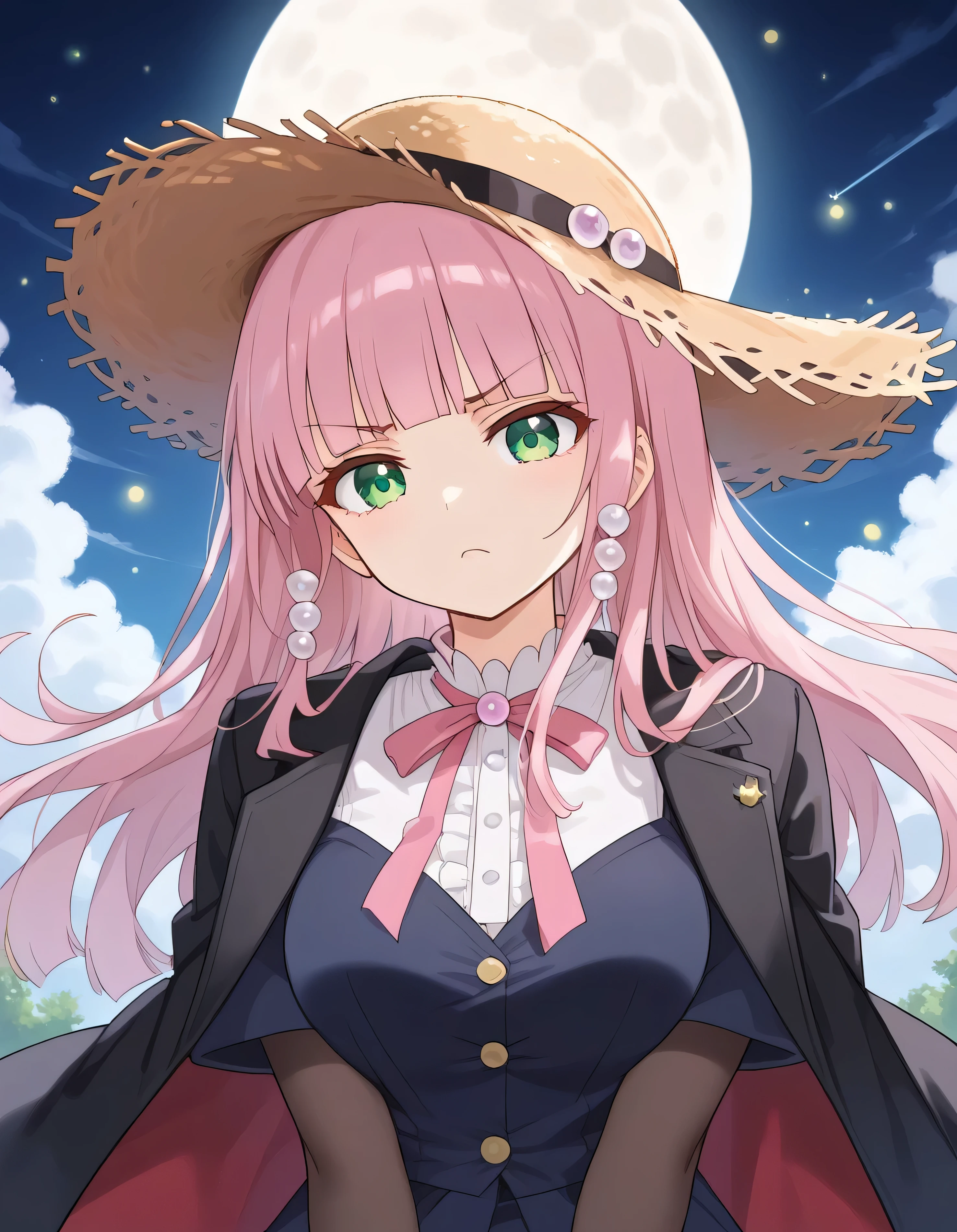 luzao\(EOE\),one girl,solo,(by mitsumi misato:0.6),best quality, masterpiece, ,,break,1girl, outdoors,(Detailed background), (Detailed Lighting),,break, super detailed skin,very high resolution, very aesthetic, Best sexual lighting powered by famous artist, 8k, 16k,,beauty illustration,photoshop_(small),,(Detailed Lighting),best anime 8k konachan wallpaper, pixiv contest winner,(green eyes:1.2),(pearl pink hair|Detailed hair|blunt bangs|shiny hair),(black Vest,black large coat,miniskirt,black pantyhose,large straw hat),firefly,moon glare,unaestheticXL_bp5, (negative_v2 Color_Balance_Calibration:0.8), aidxlv05_neg