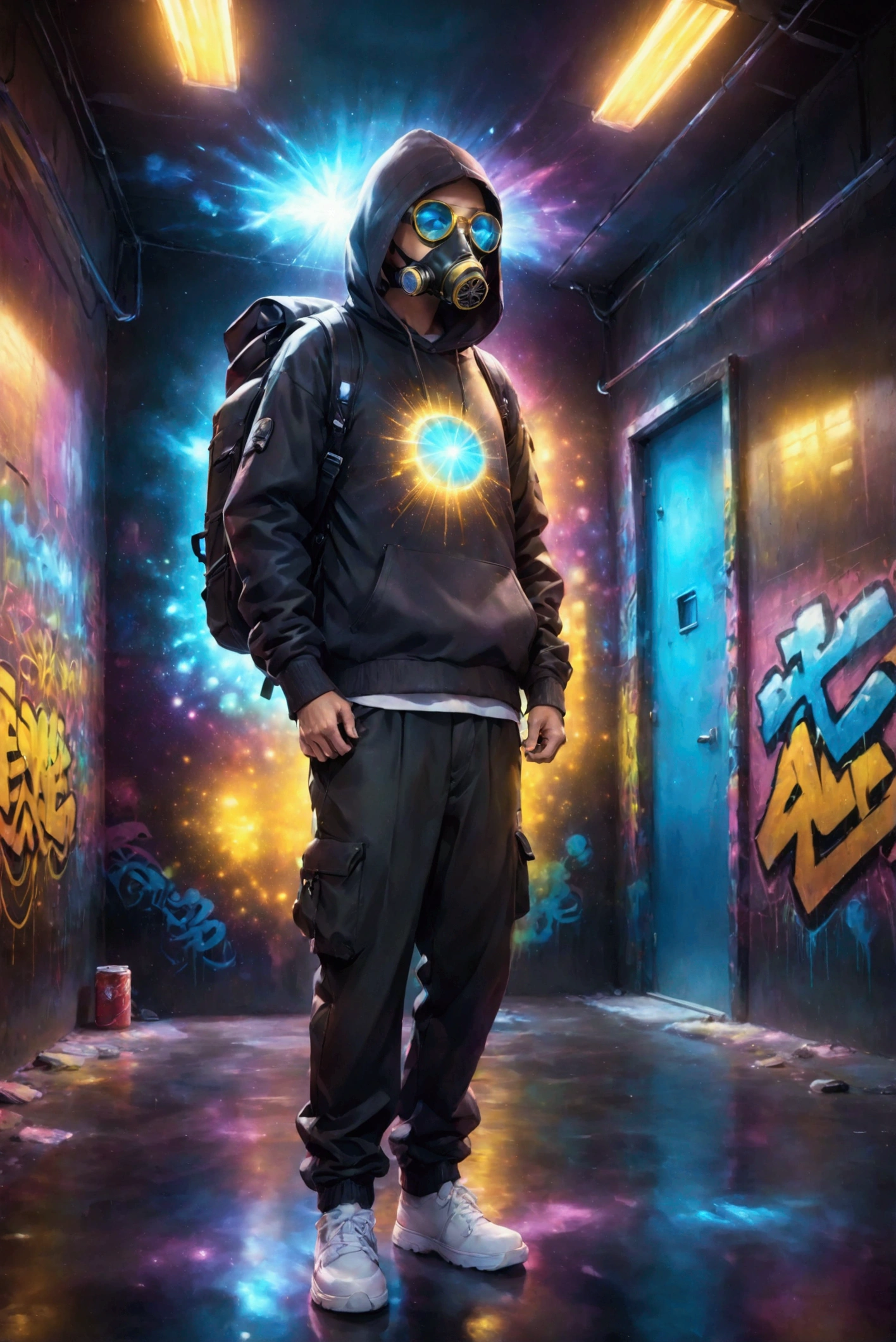 Graffiti artist wearing gas mask with 2 filter tubes, yellow LED light glasses wearing a sweater and sweatshirt, a backpack full of spray cans making graffiti. In a colorful and urban future scenario the word "Lnd" Masterpiece, High resolution, very detailed, plano americano, hood, Shine, lines of movement, image fill, Rays of God, Impressionism, 