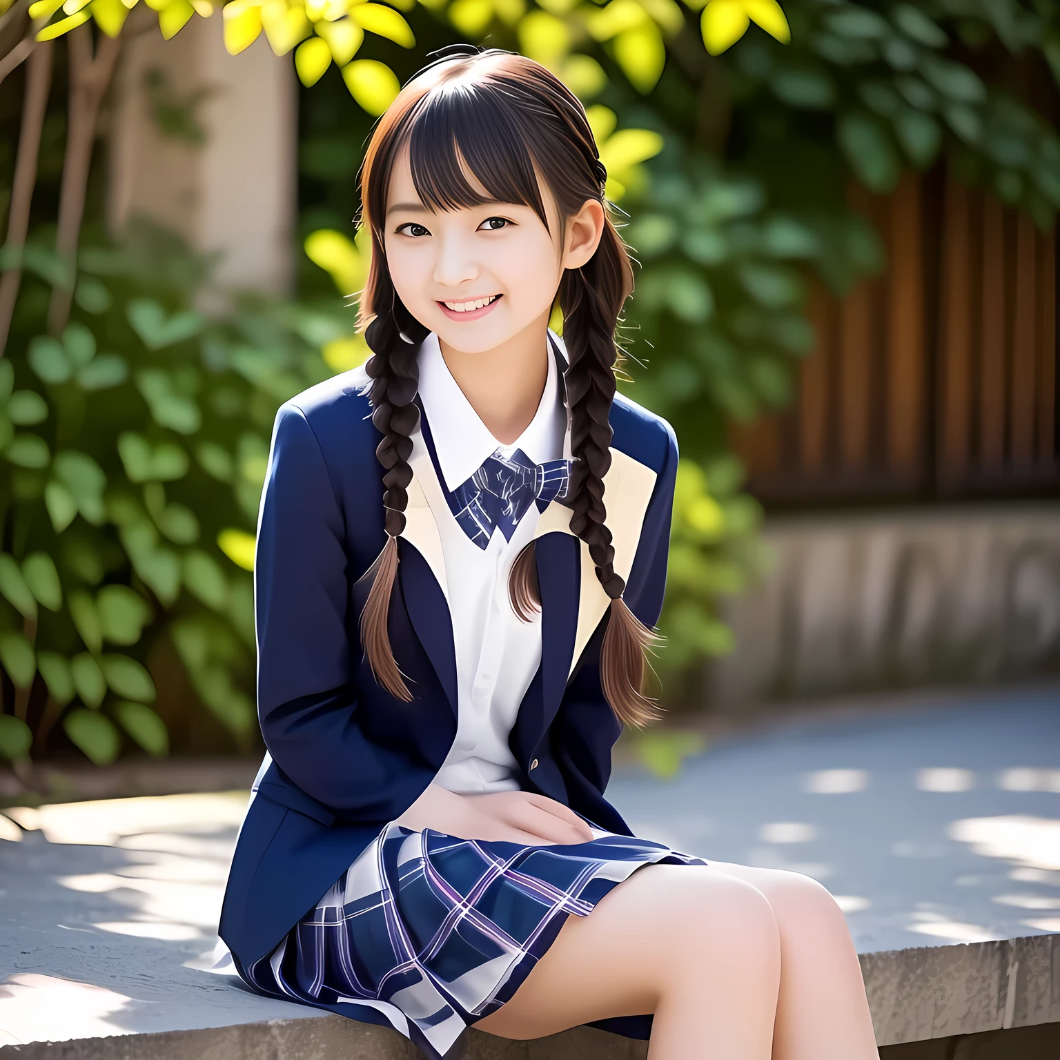 (Highest quality, masterpiece:1.2), Highest quality, High resolution, 1080P, 8k, height: 158cm, Solo, (Alone, A noble, graceful and intelligent kawaii **** Japanese pure-clear-white-skin a-pair-of-braid 2010's famous fashion model is seated and smiling at me with extreme beatitude, expressing her happiness to me with her kawaii supreme, promoting school uniform designed by Hanae Mori: 1.8), (background is complete black: 1.0), (Amazed, double-eyelids, completely balanced, brown wet large dreaming eyes with detailed beautifully: 1.6), (Drives me crazy for her navy-colored neat tartan checkered blue skirts and make me fall into her navy-colored tartan checkered skirt: 1.2), (Fine white skin that looks like she has never been out of home: 1.6), (Navy colored school uniform blazer: 1.6), (Navy blue pleated school uniform tartan checkered skirt: 1.5), (Plain-red school ribbon on the breast), (Light-Sky-blue background), (Girl whom everyone loves because of her beauty and neat school fashion and noble manner and magic-charm of succubus: 1.7), full body shot, (jolly face expression), (evenly cut curled bangs)