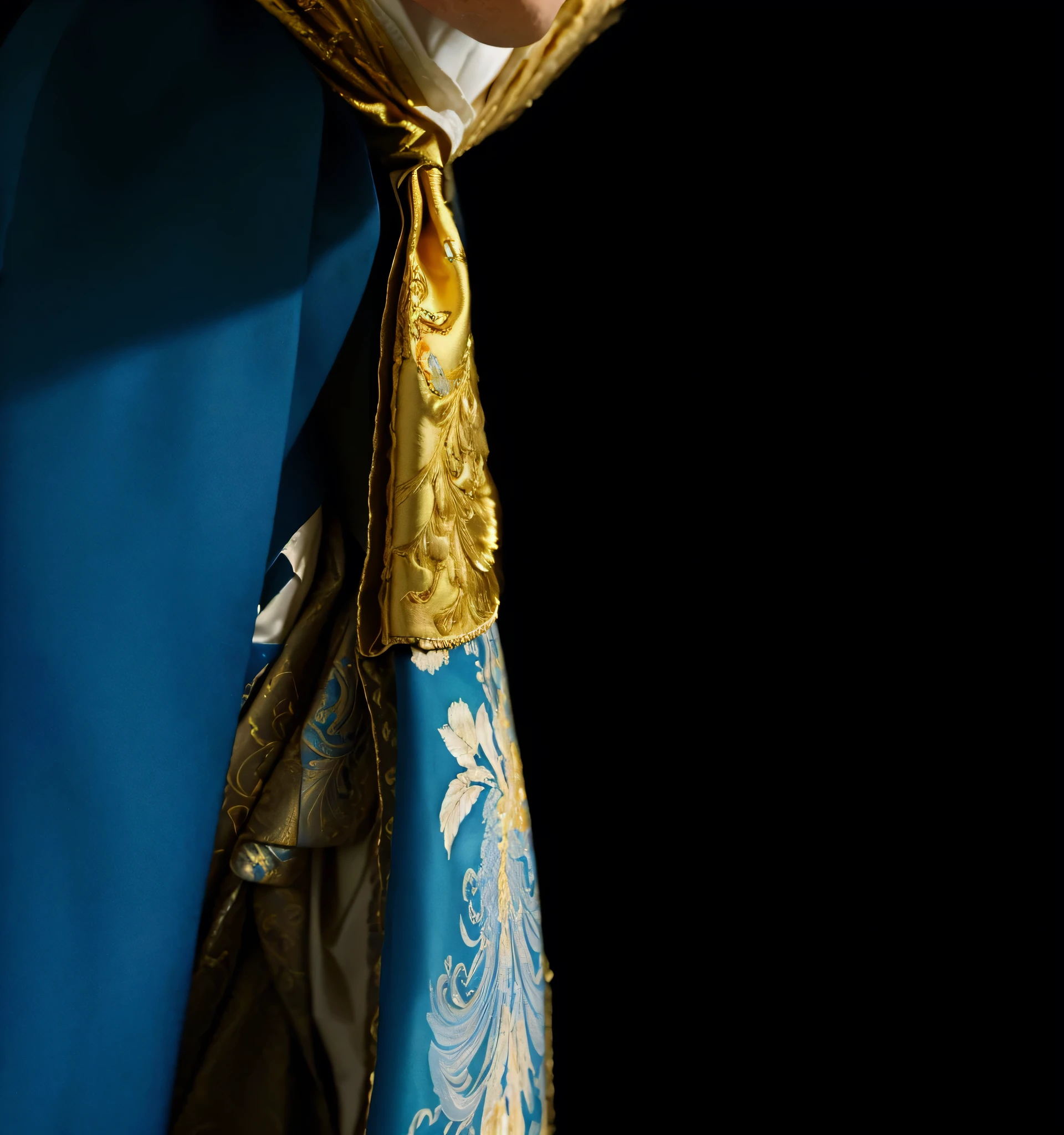 There is a woman in a blue dress holding a cell phone, fluid and realistic fabric, ultra detail. Digital paint, low detailed. Digital paint, high detail Digital paint, Unreal detail, detailed Digital paint, High detail painting, painted in high resolution, cinematic detail, High resolution and detail, Hyper detailed illustration, Depth detail, Hyperrealistic details, Epic detail, detailed fabric