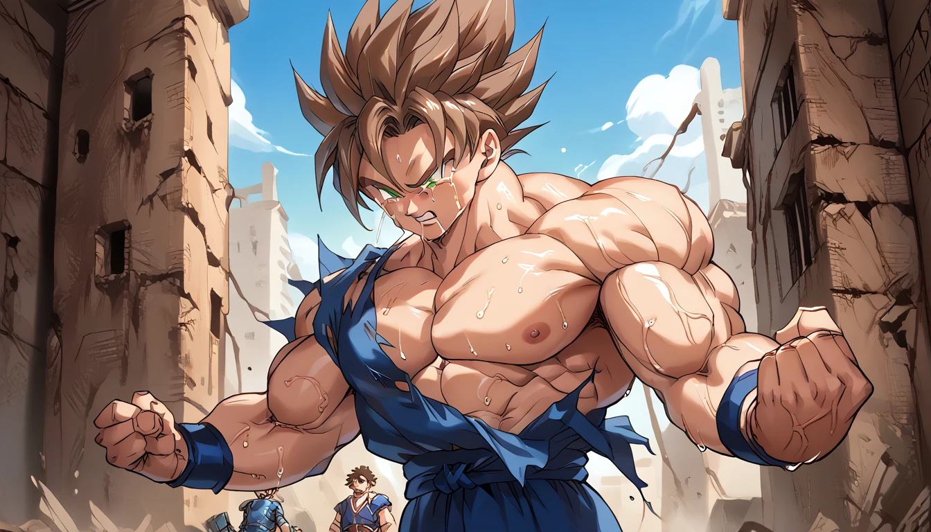 Highest quality,RAW Photos,Professional Art Works,m3g4m4n,Blue Armor,Muscular,Brown Hair, boy,male focus, brown hair, green eyes, Alone, android, hair between eyes,Ancient ruins with floating red and green crystals,Crying face,(((Huge muscles,Huge erect penis,Have sex))),Excessive sweating and drooling,Massive ,3boys,Super Saiyan