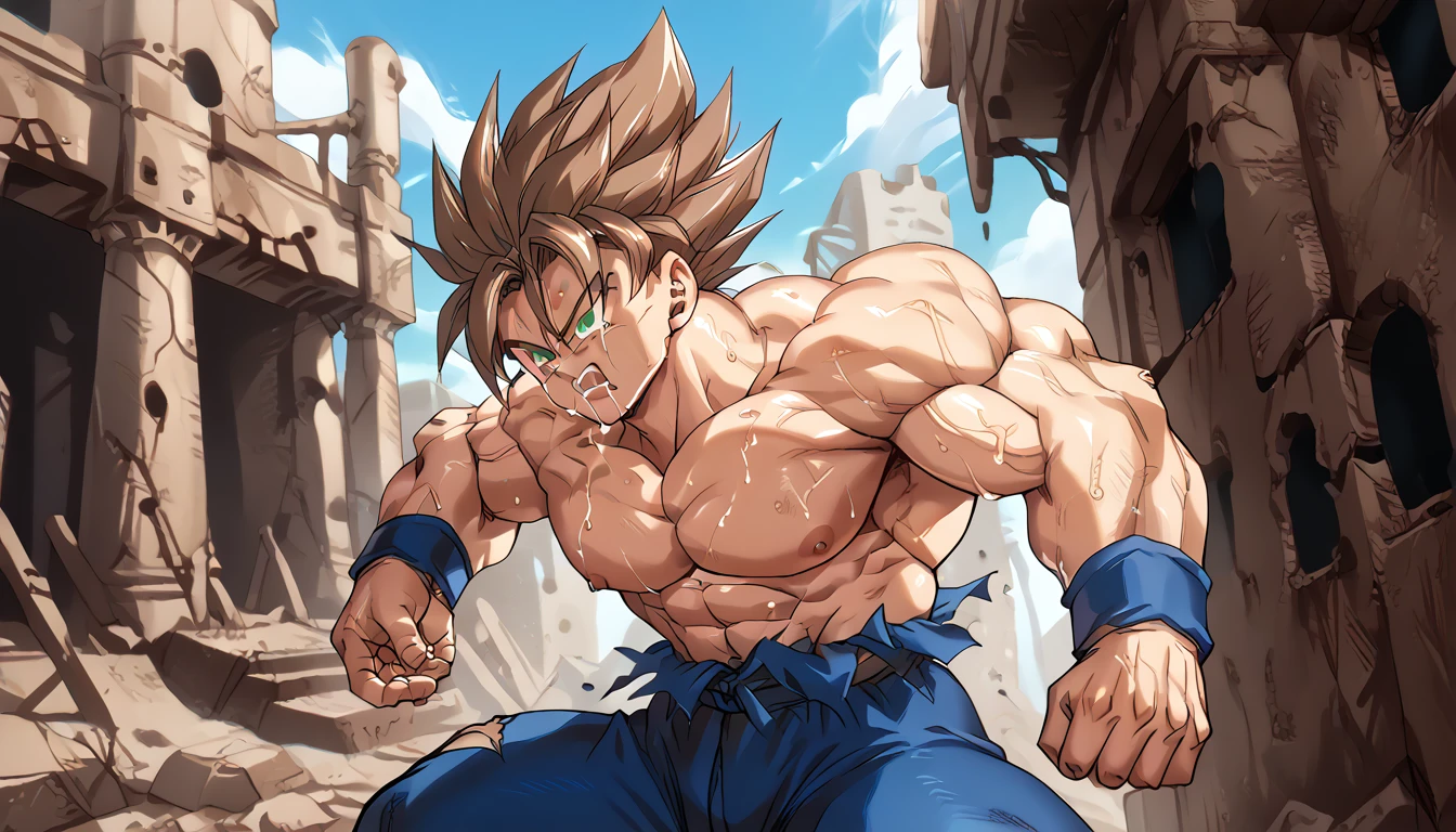 Highest quality,RAW Photos,Professional Art Works,m3g4m4n,Blue Armor,Muscular,Brown Hair, boy,male focus, brown hair, green eyes, Alone, android, hair between eyes,Ancient ruins with floating red and green crystals,Crying face,(((Huge muscles,Huge erect penis,Have sex))),Excessive sweating and drooling,Massive ,3boys,Super Saiyan