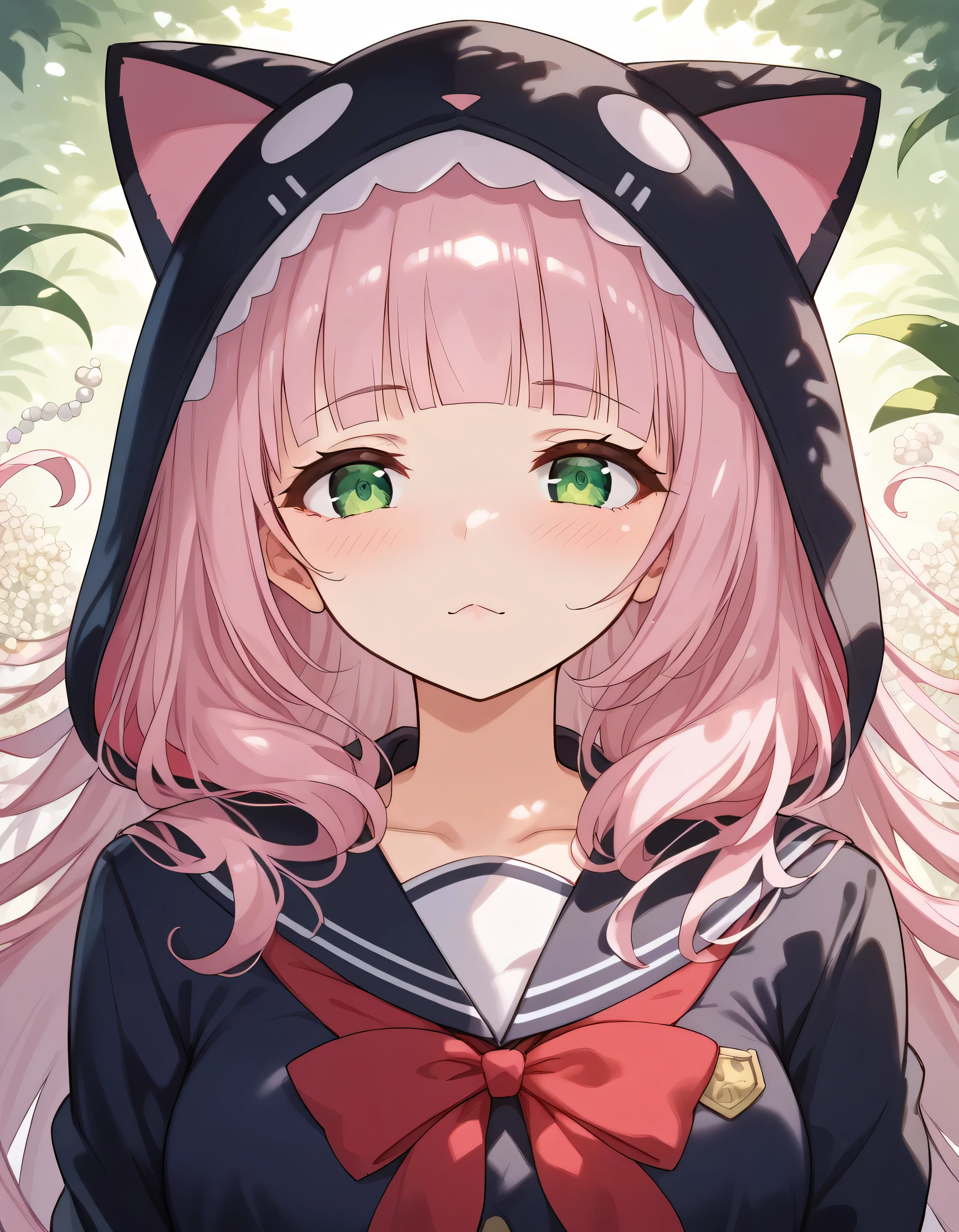 luzao\(EOE\),one girl,solo,score_9, score_8_up, score_7_up, source_anime,rating_explicit,(by mitsumi misato:0.6),(by carnelian:0.3),(by kantoku:0.3), best quality, masterpiece, ,,break,1girl, outdoors, wind, (Detailed background), (Detailed Lighting),,break,(clear line illustration:1.2), super detailed skin,very high resolution, very aesthetic, Best sexual lighting powered by famous artist, 8k, 16k, cute picture,beauty illustration,photoshop_(medium),,(Detailed Lighting),best anime 8k konachan wallpaper, pixiv contest winner,(green eyes:1.2),(pearl pink hair|Detailed hair|blunt bangs|shiny hair),(school uniform),cat ear hood,unaestheticXL_bp5, (negative_v2 Color_Balance_Calibration:0.8), aidxlv05_neg