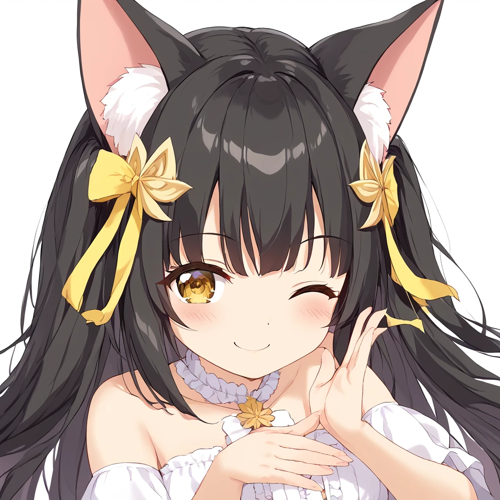 Nagato、NagatoHigh quality、NagatoHigh quality images、smile、Black Hair Girl、Cute girl、cute、cute、cute 2d girl、Animal ears、Big Animal Ears、((wink))、White dress、Big ribbon、White background、(Perfect hands)、 Masterpiece、High image quality、 Masterpiece