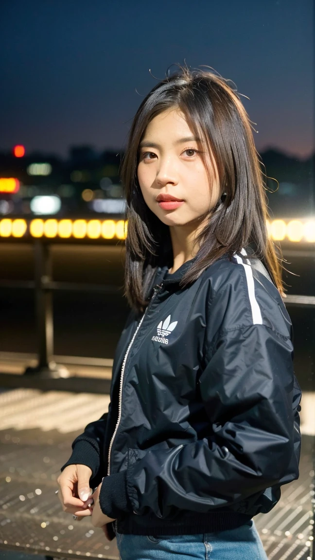 Masterpiece, best quality, ultra high resolution, hyper realistic, realistic, (photorealistic:1.4), masterpiece of analog film photograph a girl, taken by Hideaki Hamada using Pentax 67II and Kodak Portra, natural facial expression, solo, wearing black Adidas tracktop jacket, smooth skin, bokeh citylights, (cinematic aesthetic:1.2), casual and relaxed atmosphere, front view, shallow depth of field, no motion blur, well-balanced exposure, in the top of Building, cityscape background, night