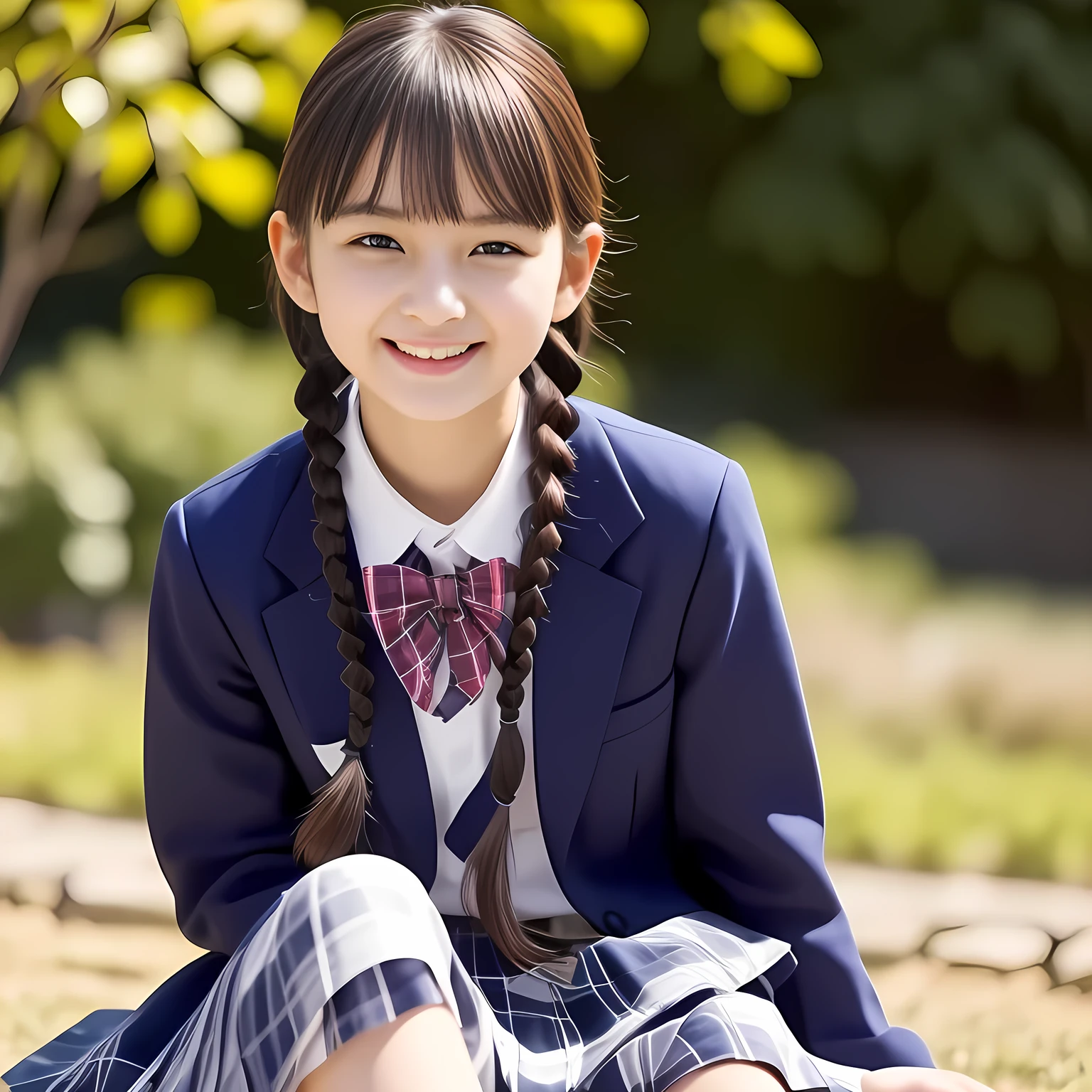 (Highest quality, masterpiece:1.2), Highest quality, High resolution, 1080P, 8k, height: 158cm, Solo, (Alone, A noble, graceful and intelligent kawaii 13yo Japanese pure-clear-white-skin a-pair-of-braid 1990's famous fashion model is seated and smiling at me with extreme beatitude, expressing her happiness to me with her kawaii supreme, promoting school uniform designed by Hanae Mori: 1.8), (background is complete black: 1.0), (Amazed, double-eyelids, completely balanced, brown wet large dreaming eyes with detailed beautifully: 1.6), (Drives me crazy for her navy-colored neat tartan checkered blue skirts and make me fall into her navy-colored tartan checkered skirt: 1.2), (Fine white skin that looks like she has never been out of home: 1.6), (Navy colored school uniform blazer: 1.6), (Navy blue pleated school uniform tartan checkered skirt: 1.5), (Plain-red school ribbon on the ), (Light-Sky-blue background), (Girl whom everyone loves because of her beauty and neat school fashion and noble manner and magic-charm of succubus: 1.7), full body shot, (jolly face expression), (evenly cut curled bangs)