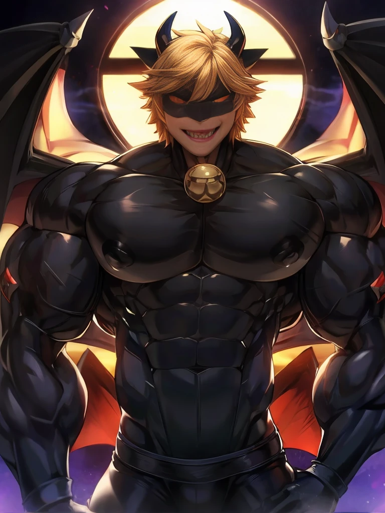 Huge muscles,Devilish Wings,Devil horns,Sexy Boy,Black Costume,