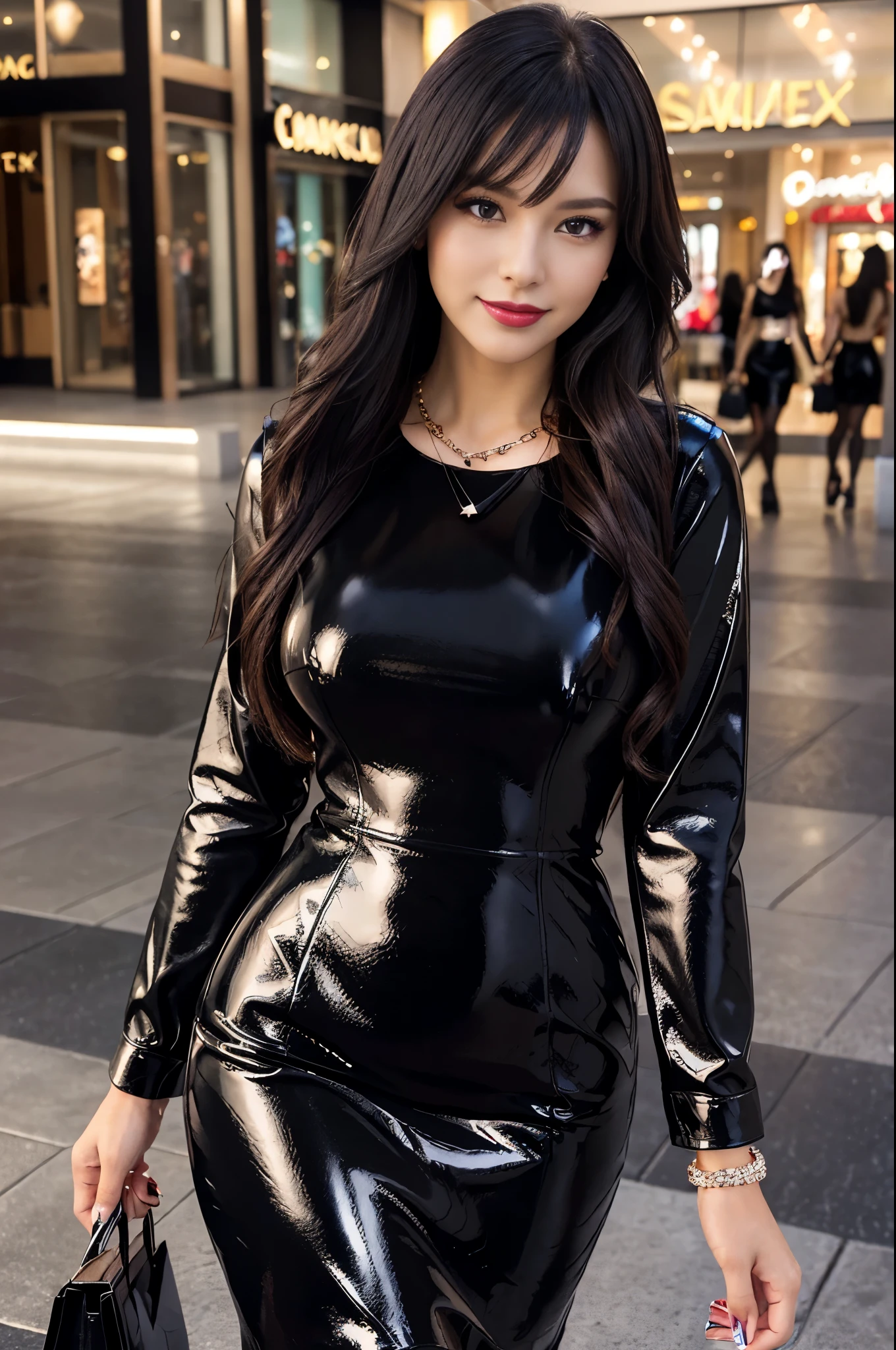 sexy canadian model, beautiful smile, glossy shiny lipstick, lipgloss, dramatic makeup, closeup photo, (sparkling large necklace), (sparkling large bracelets), day scene, large shopping mall background, gyaru, long dark flowing hair, ((shiny business style dark black leather dress), sweet and sexy, seductive look