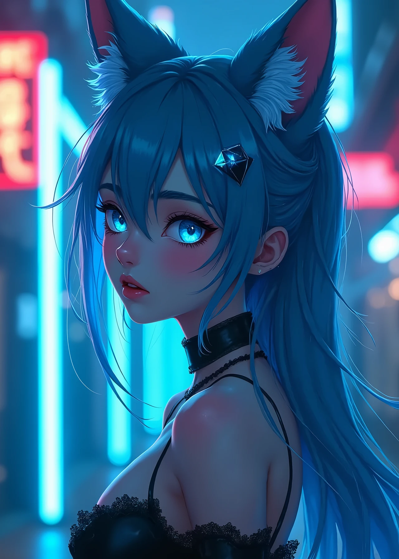 Lop bunny girl, ponytail blue hair, blue bunny tail, curvy body, short, thick muscled thighs, yellow irises, pretty face, smooth, high detail, blue bunny ears.
