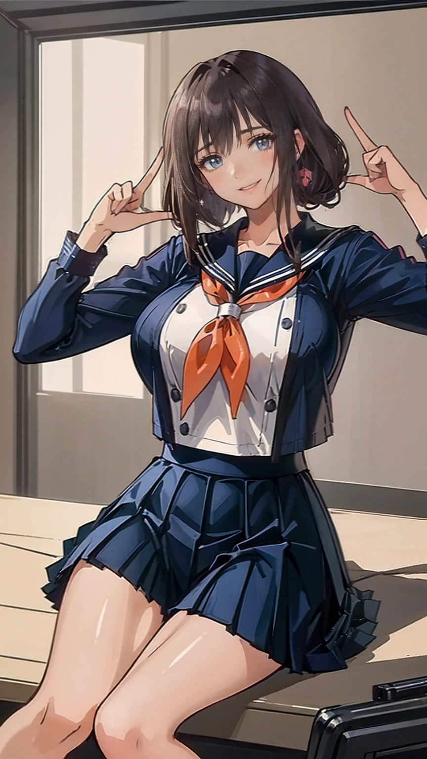 (Voluptuous physique:1.5),Chubby body type,(Big Breasts:1.7),Brown Hair,(Top Knot:1.2),(Hair Accessories,Scrouch),((((happiness,smile))),break,(Navy Blue,Cute Sailor Uniform,Checkered pleated skirt),break,Peace sign,Sit on a chair,classroom cowboy shot,