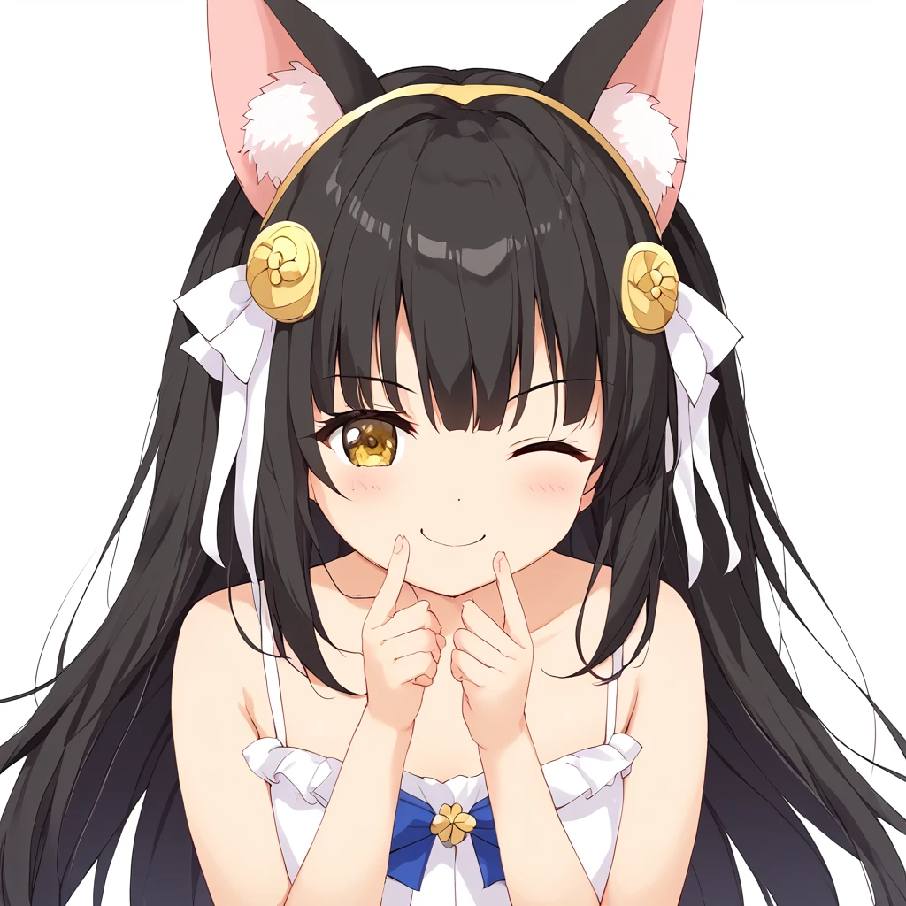 Nagato、NagatoHigh quality、NagatoHigh quality images、smile、Black Hair Girl、Cute girl、cute、cute、cute 2d girl、Animal ears、Big Animal Ears、((wink))、White dress、Big ribbon、White background、((投げキッス))、(Perfect hands)、 Masterpiece、High image quality、 Masterpiece