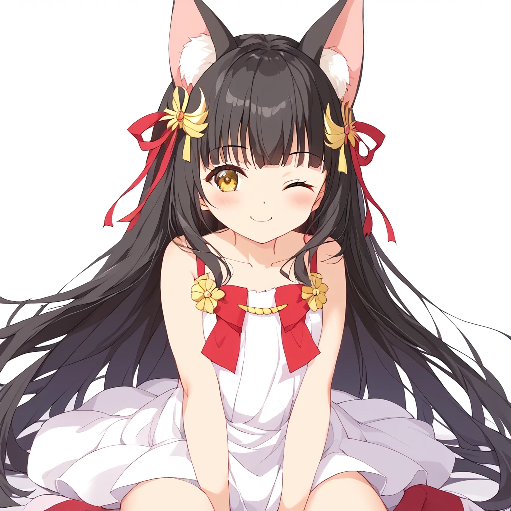 Nagato、NagatoHigh quality、NagatoHigh quality images、smile、Black Hair Girl、Cute girl、cute、cute、cute 2d girl、Animal ears、Big Animal Ears、((wink))、White dress、Big ribbon、White background、((投げキッス))、(Perfect hands)、 Masterpiece、High image quality、 Masterpiece