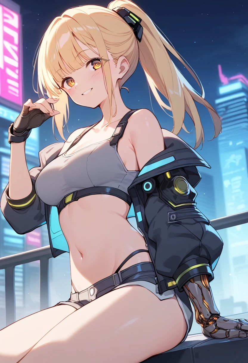 (uncensored), score_9, score_8_up, score_7_up,source_anime, high quality, exceptional, best quality, perfect hand, 1 girl, (solo), looking at viewer, side view, detailed face, detailed eyes, smile, ((blue fire)), (((ponytail))), (dark), ((grey crop top)), ((black g-string panties)) , (middle size breasts), ((designed black jacket)), (((wearing short pants))), (((neckless of cross, mechanical right arm))), ((sitting on the edge of rooftop in cyberpunk city, midnight)), ying girl, blonde hair, yellow eyes visible through hair, (cyberpunk near future city), a lot of building