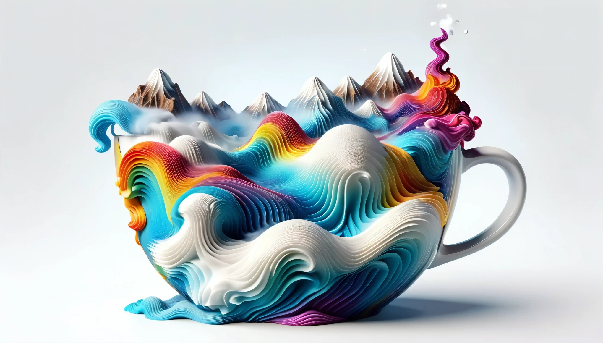 solid white background, 3d, 3d render, highly detailed, vibrant colors, miniature clear coffee cup, fancy liquid in shape of landscape waves inside cup, 8k, steam rising,
